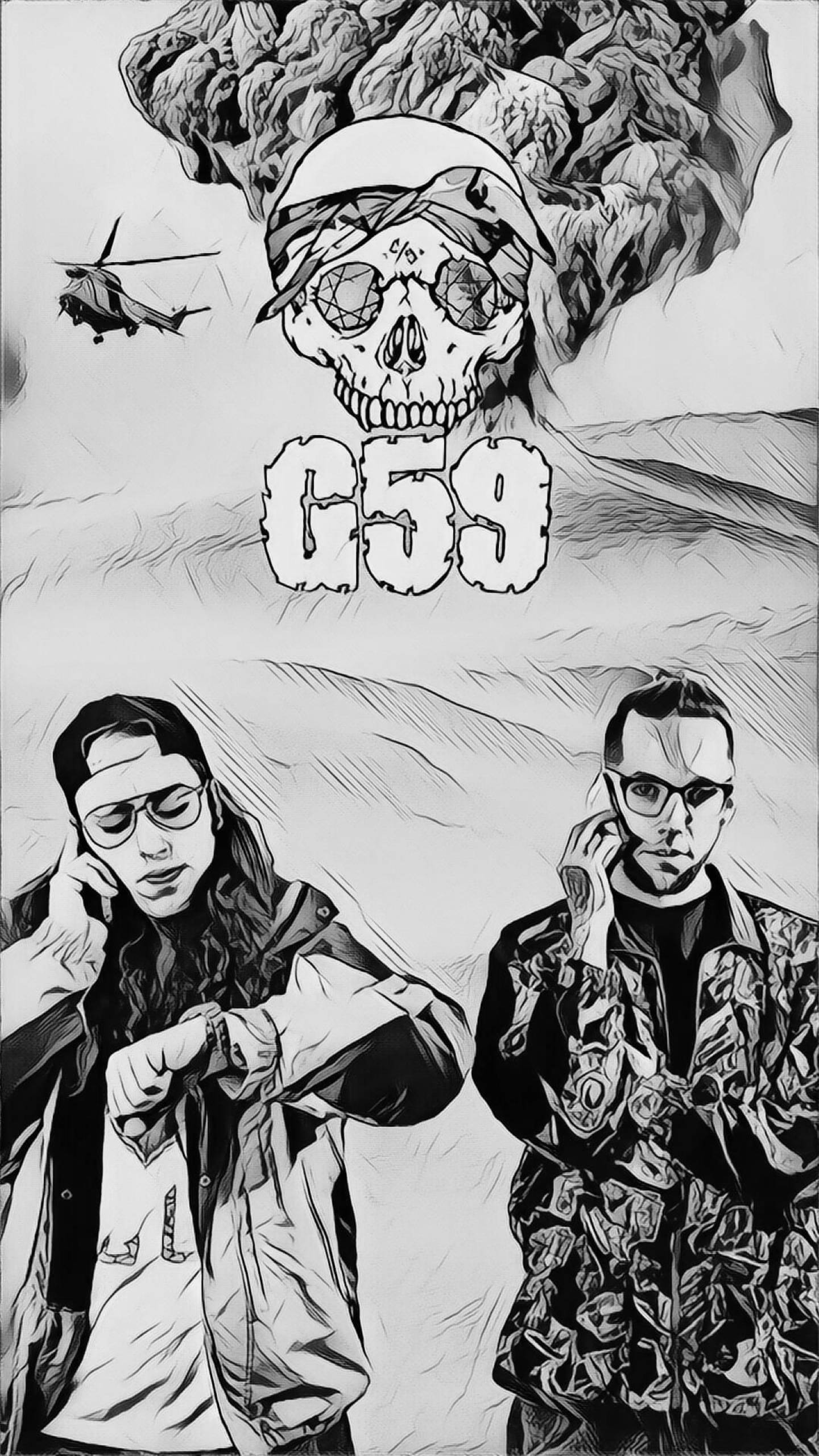 suicideboys 桌布 壁紙 — 兩個風格化的男人穿著都市裝備站在一個戴著頭盔和護目鏡的骷髏下方，直升機在火山爆發附近飛行。