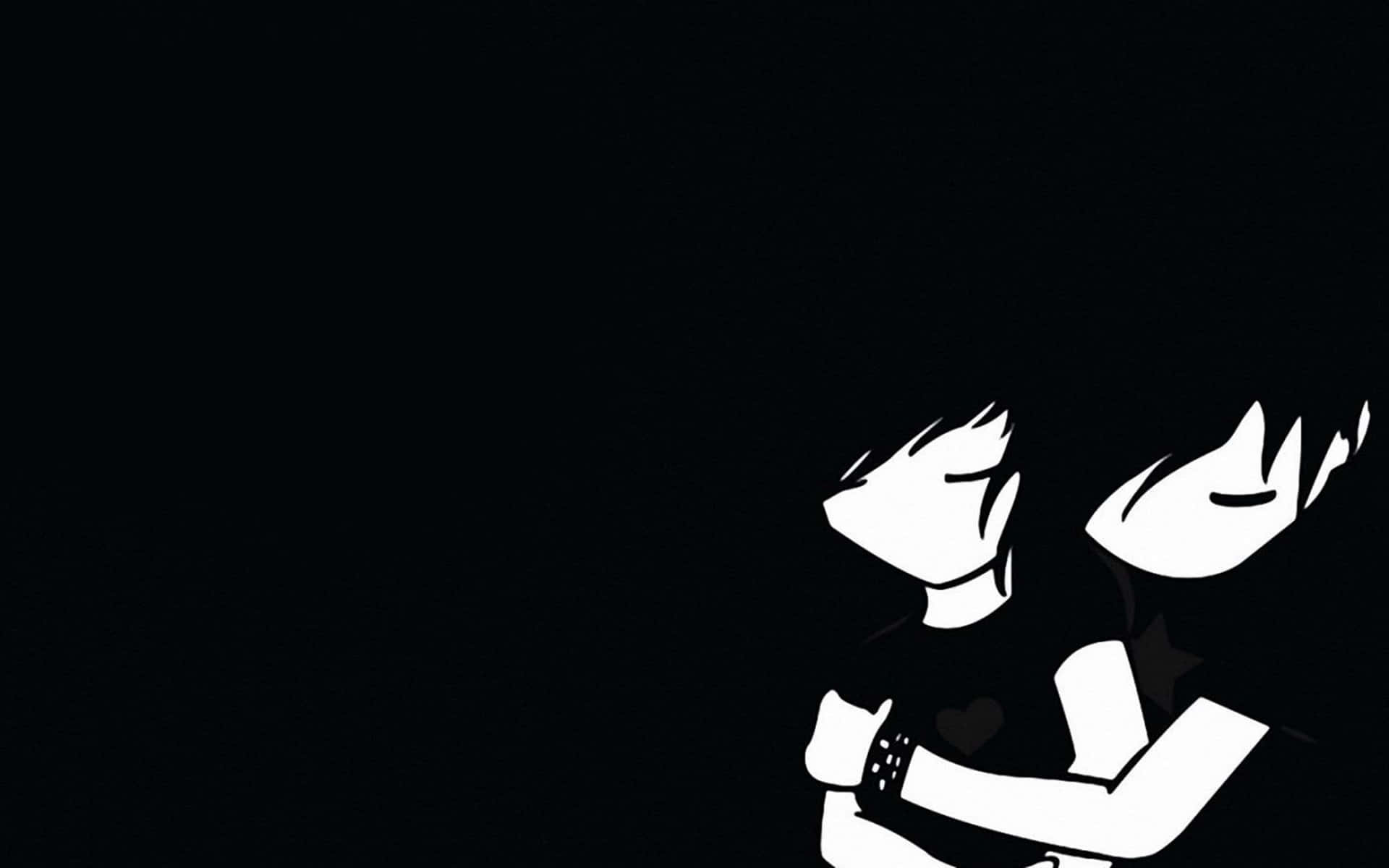 兩個白色剪影人物擁抱，其中一件襯衫上有心形，背景為黑色。 — Emo 美學 GIF 壁紙