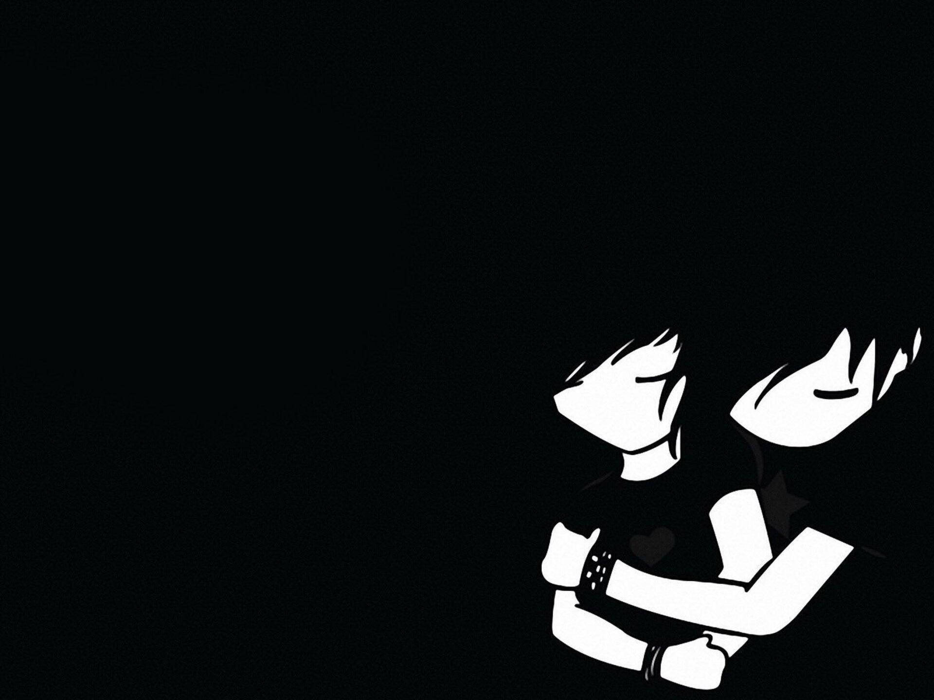 emo 桌布 壁紙 — 兩個風格化的白色人物在純黑色背景上以極簡輪廓溫柔擁抱。