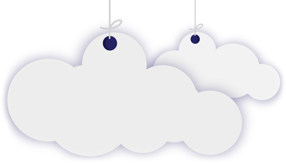 Cloud 桌布 壁紙 — 兩個風格化的白色雲形標籤，帶有深藍色輪廓，用白色繩子掛在黑色背景上。