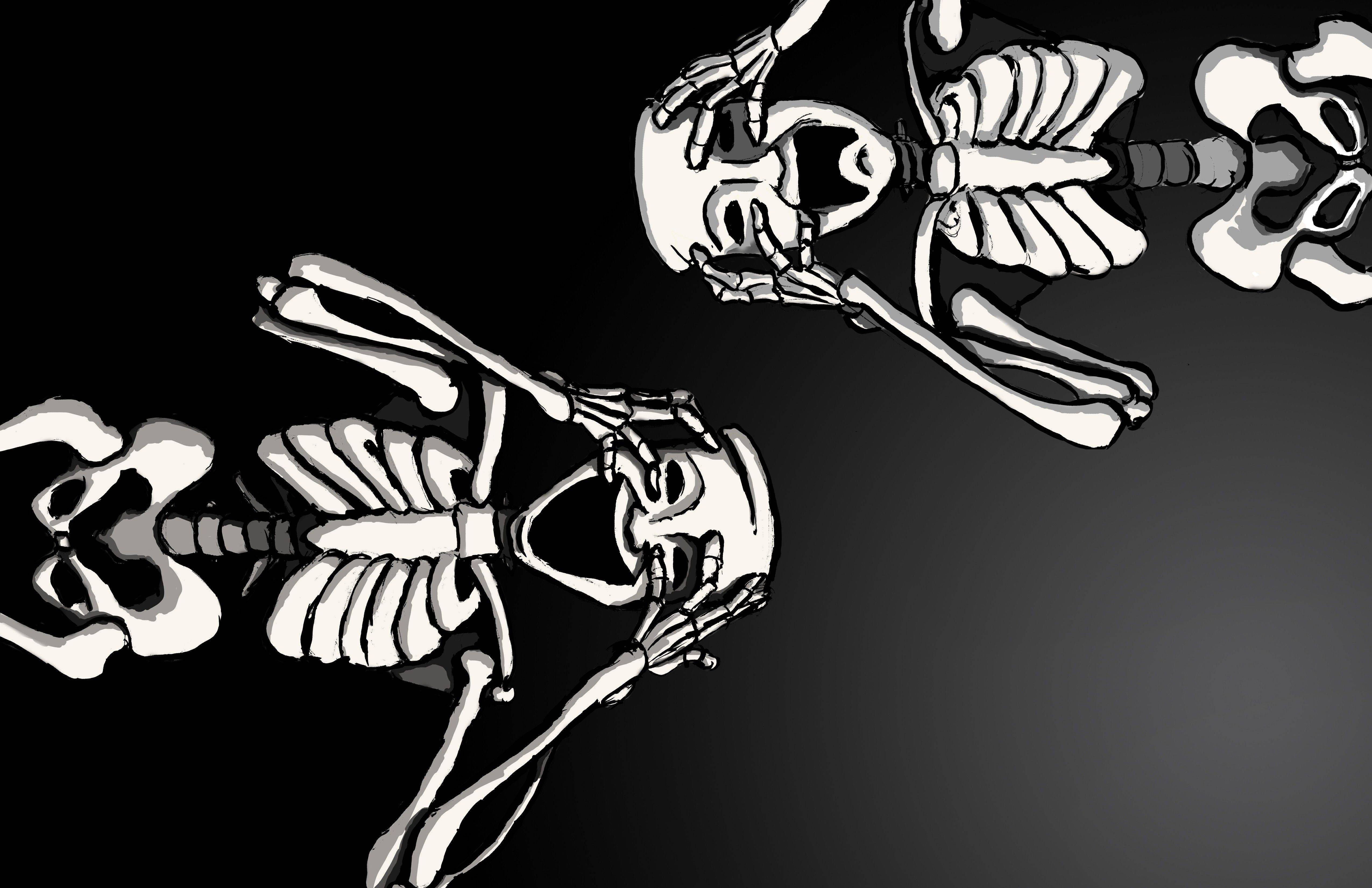 Cute Skeleton 桌布 壁紙 — 兩個風格化的白色骷髏在深色漸變背景上擺出動態姿勢。