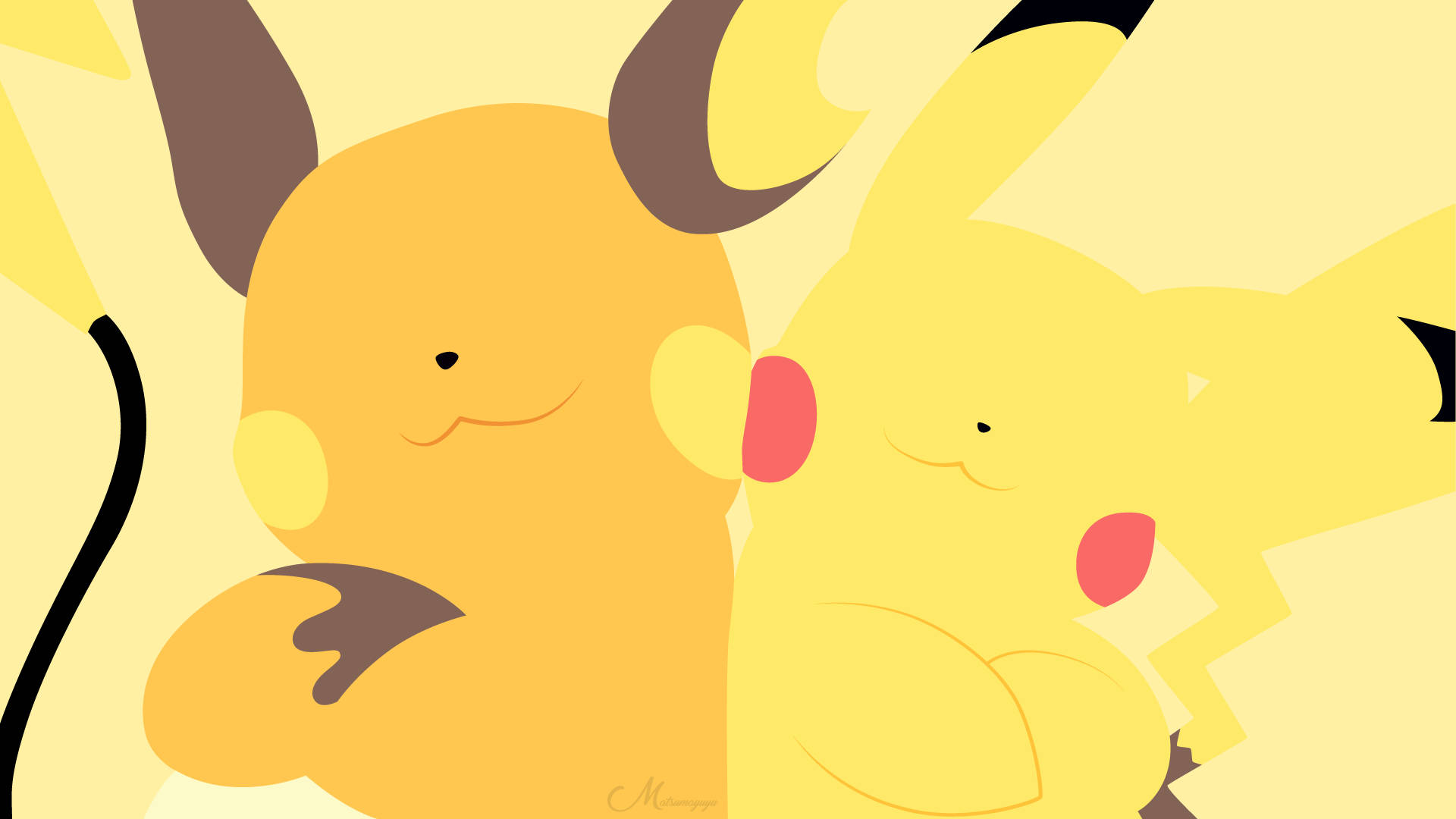 Raichu 桌布 壁紙 — 兩個風格化的皮卡丘角色在溫暖的黃色背景上，帶有柔和的輪廓和溫柔的表情。