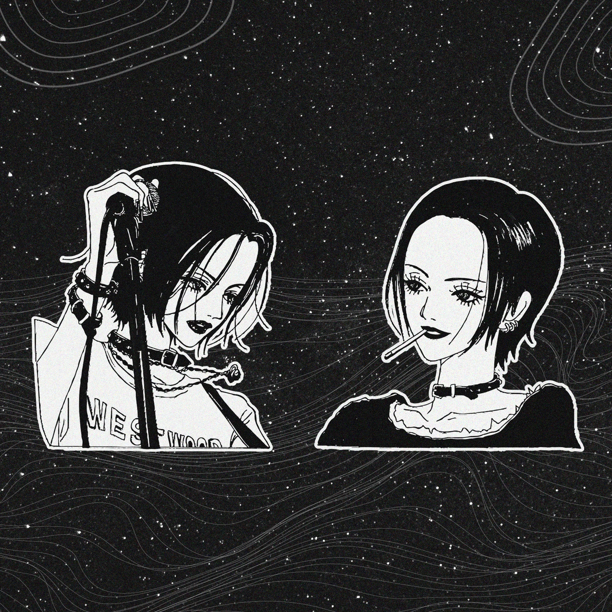 nana 桌布 壁紙 — 兩個風格化的短髮動漫女孩漂浮在星空宇宙虛空中，一個拿著麥克風，另一個在抽煙。