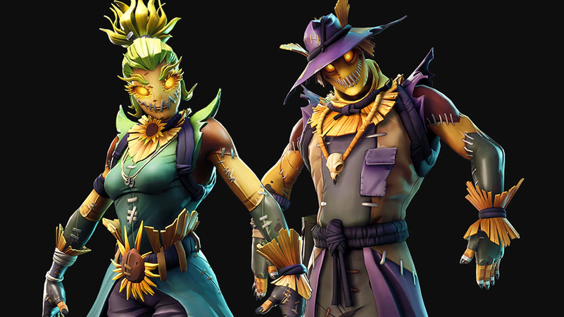 Fortnite Character 桌布 壁紙 — 兩個風格化的稻草人角色，帶有發光的眼睛和向日葵裝飾，站在黑色背景前。