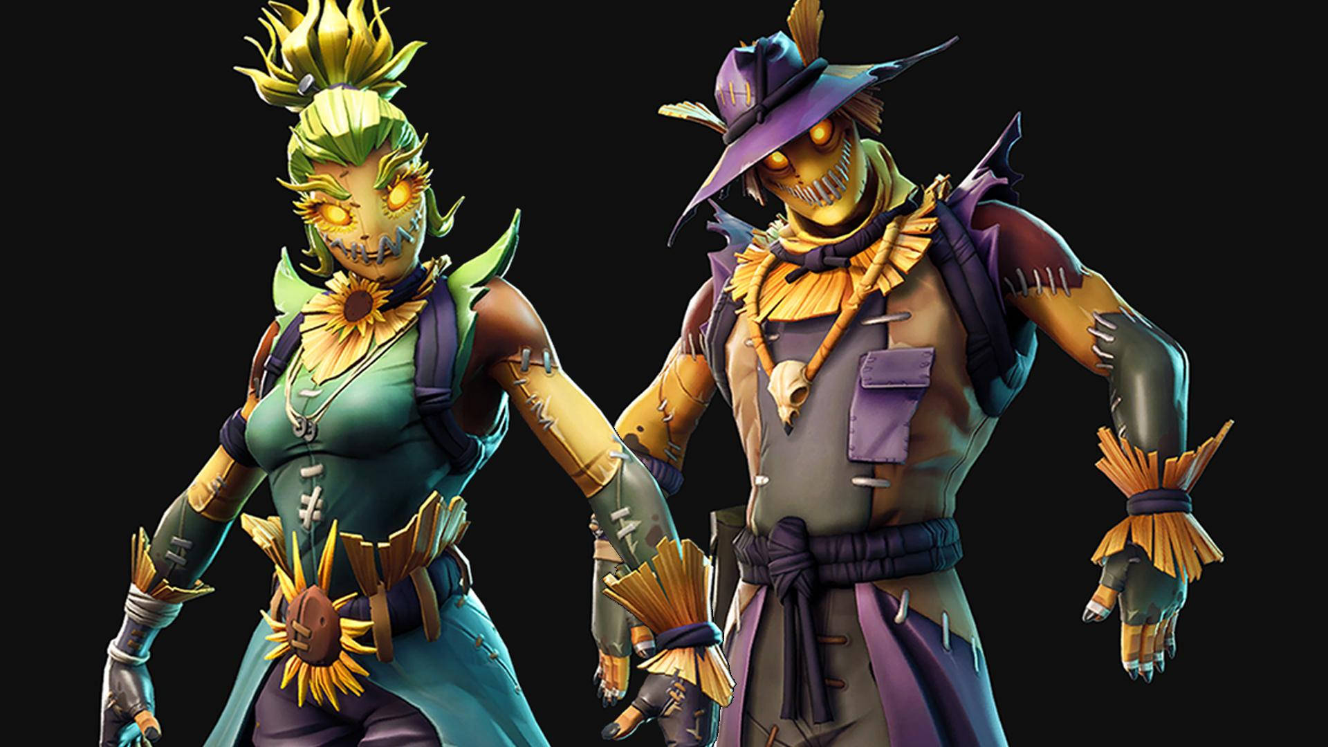 Fortnite 桌布 壁紙 — 兩個風格化的稻草人角色，帶有發光的眼睛和向日葵裝飾，站在黑色背景前。