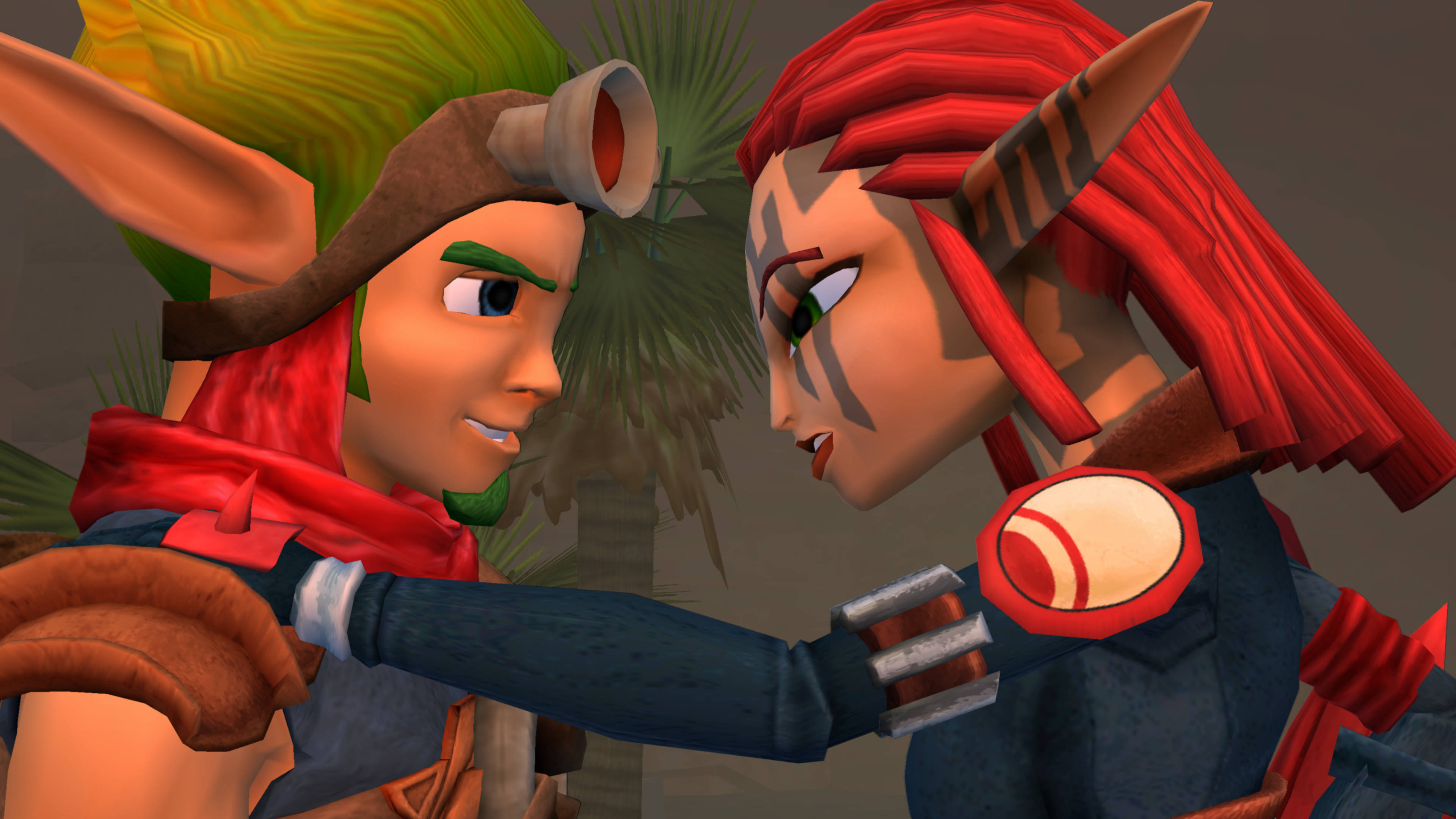 Jak 3 桌布 壁紙 — 兩個風格化的精靈般角色，擁有鮮豔的紅色和綠色頭髮，在緊張的特寫中對峙，一個戴著角盔，另一個有紅色辮子和部落標記。