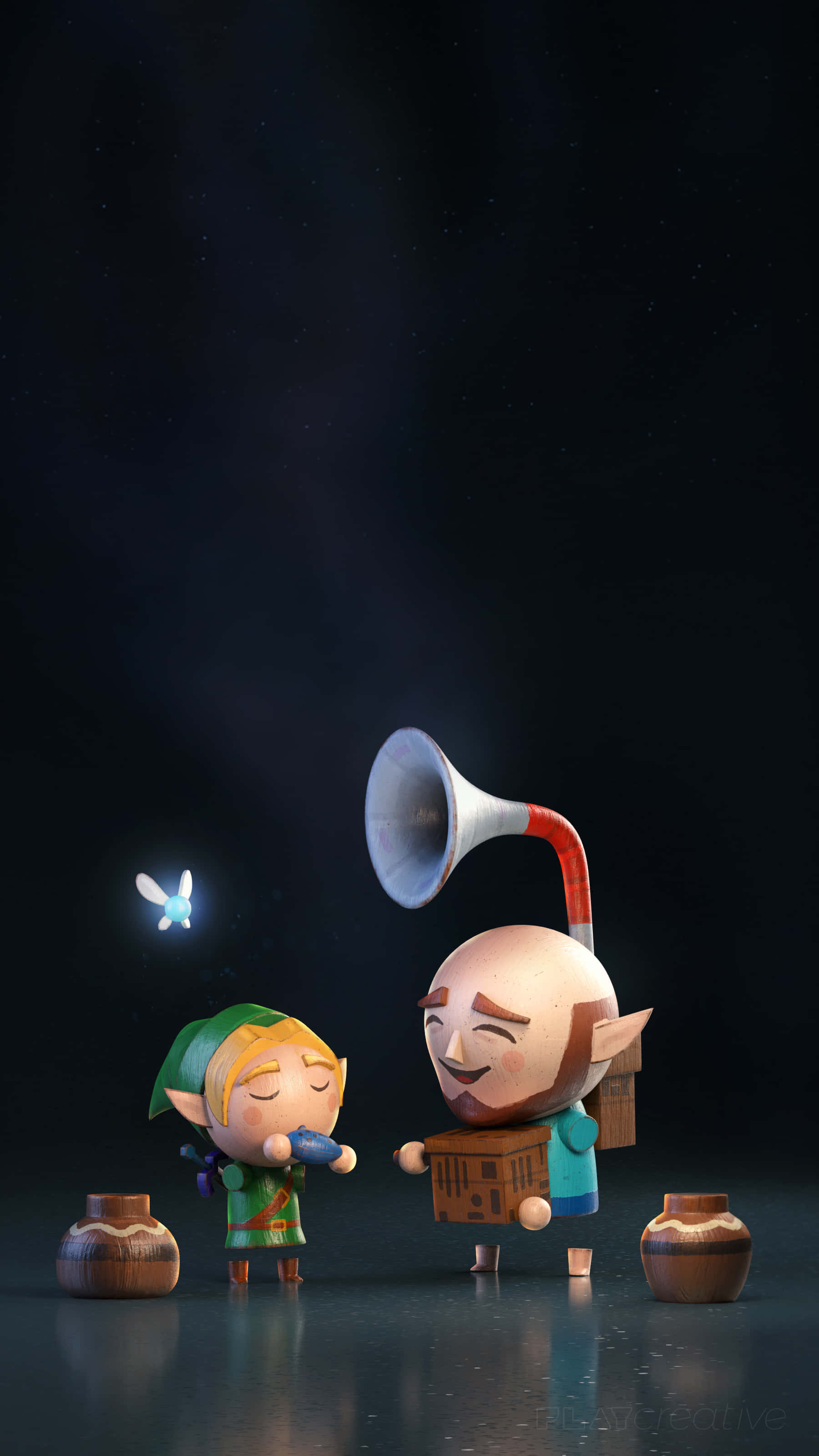 Zelda Phone 桌布 壁紙 — 兩個風格化的精靈角色在星空下分享歡樂時刻，附近有一隻發光的蝴蝶。