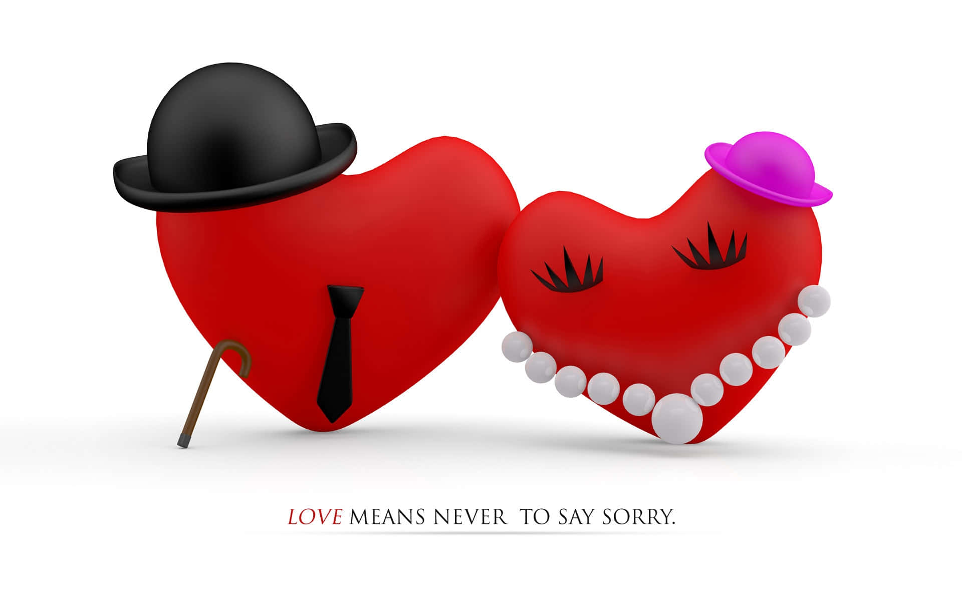 Funny Love 桌布 壁紙 — 兩個風格化的紅色心形，打扮成戴著圓頂禮帽和珍珠的紳士和女士，在白色背景上擁抱。