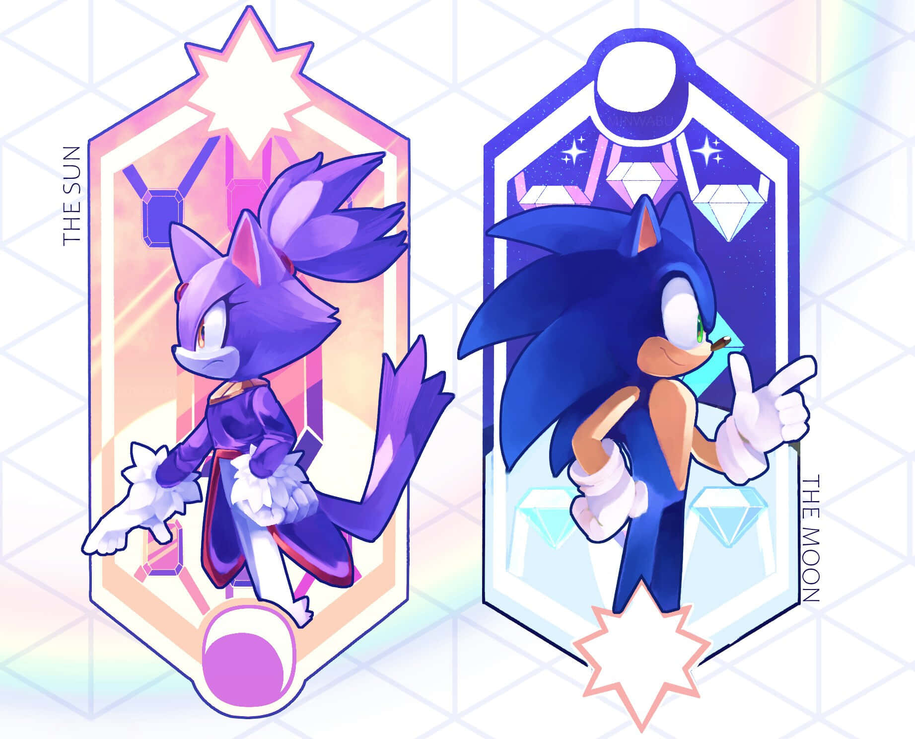 Sonic And Blaze 桌布 壁紙 — 兩個風格化的索尼克角色在六邊形框架中，標有「太陽」和「月亮」，背景為寶石和彩虹光效。