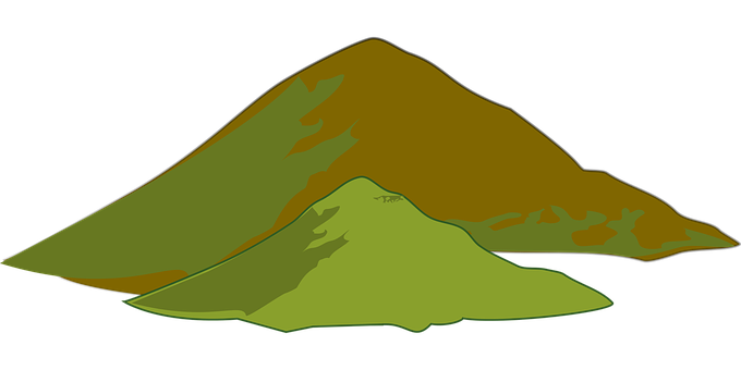Clip Art 桌布 壁紙 — 兩個風格化的綠色和棕色山峰，帶有平面陰影和深色輪廓，背景為黑色。