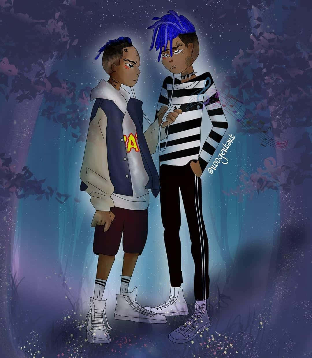 Xxxtentacion And Juice Wrld 桌布 壁紙 — 兩個風格化的藍髮青少年在星空下的神秘森林中夜晚共享耳機。