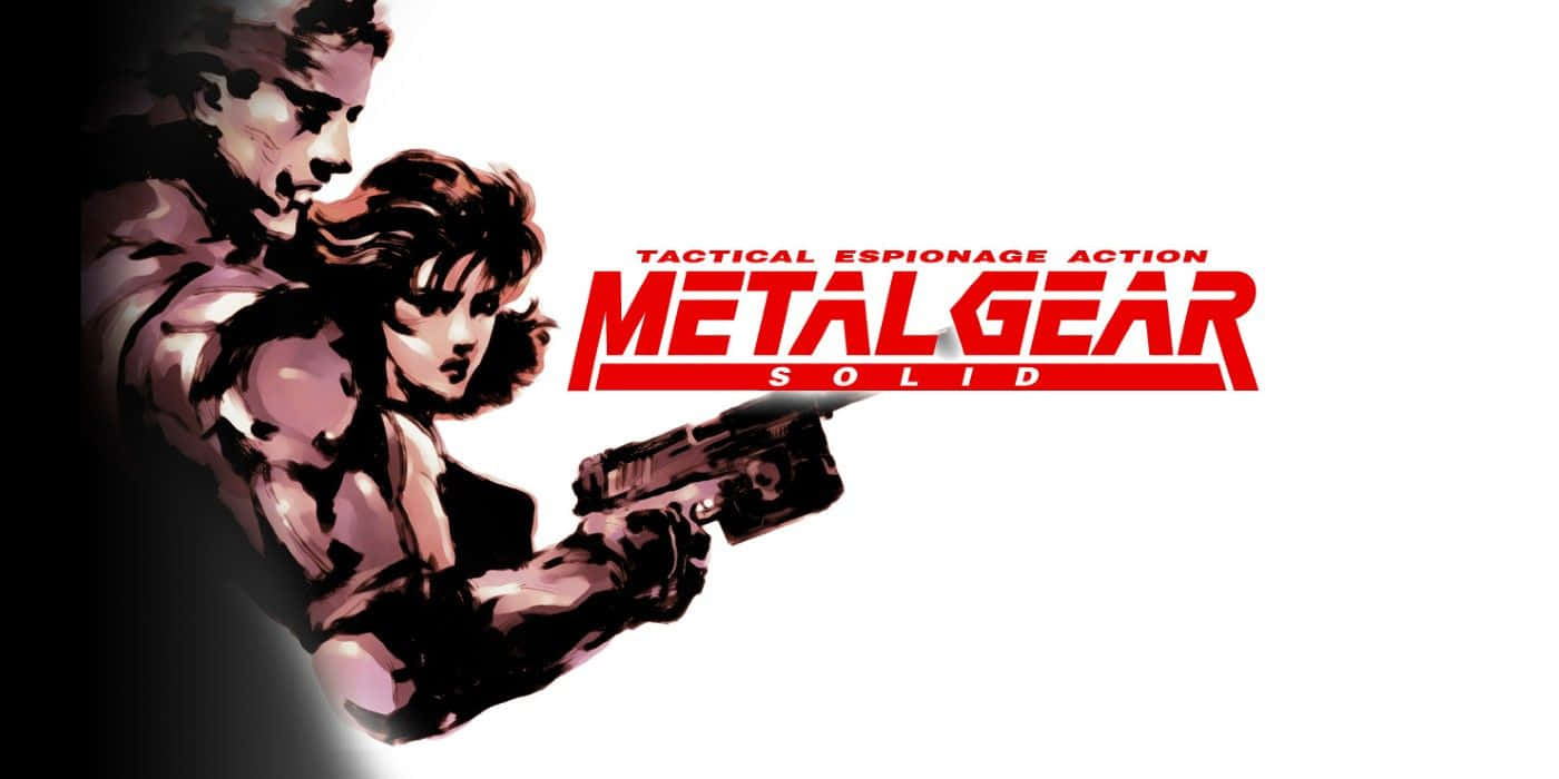 Metal Gear Solid 桌布 壁紙 — 兩個風格化的角色以動態姿勢持槍，背景為純白色，帶有粗體紅色遊戲標題文字。