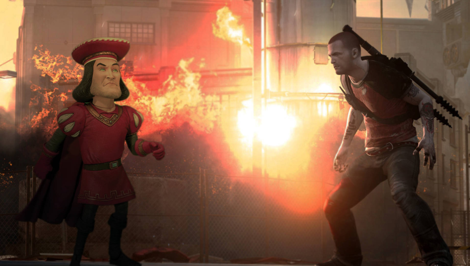Lord Farquaad 桌布 壁紙 — 兩個風格化的角色在一個粗糙的城市環境中，在熾熱的爆炸中對峙。