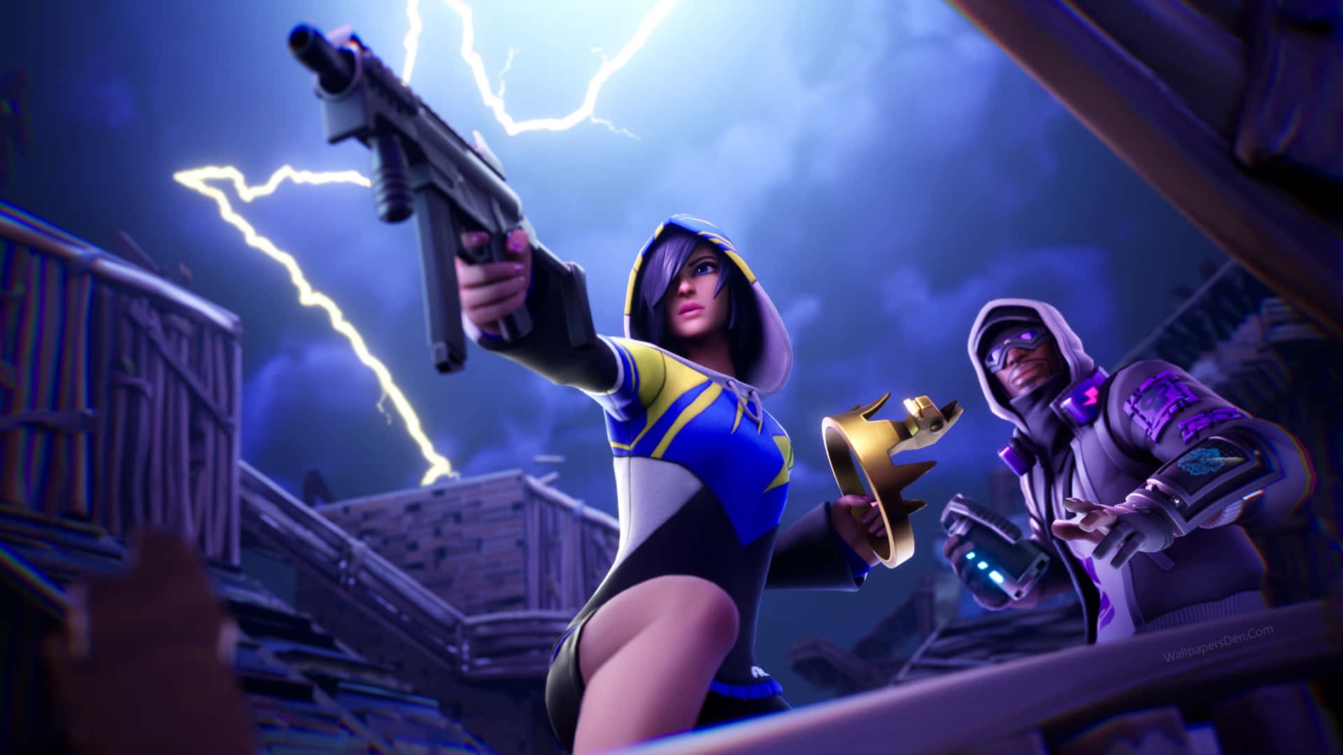 Fortnite Chapter 3 桌布 壁紙 — 兩個風格化的角色在暴風雨的城市屋頂場景中，其中一個瞄準槍支，而閃電在他們身後劈下。