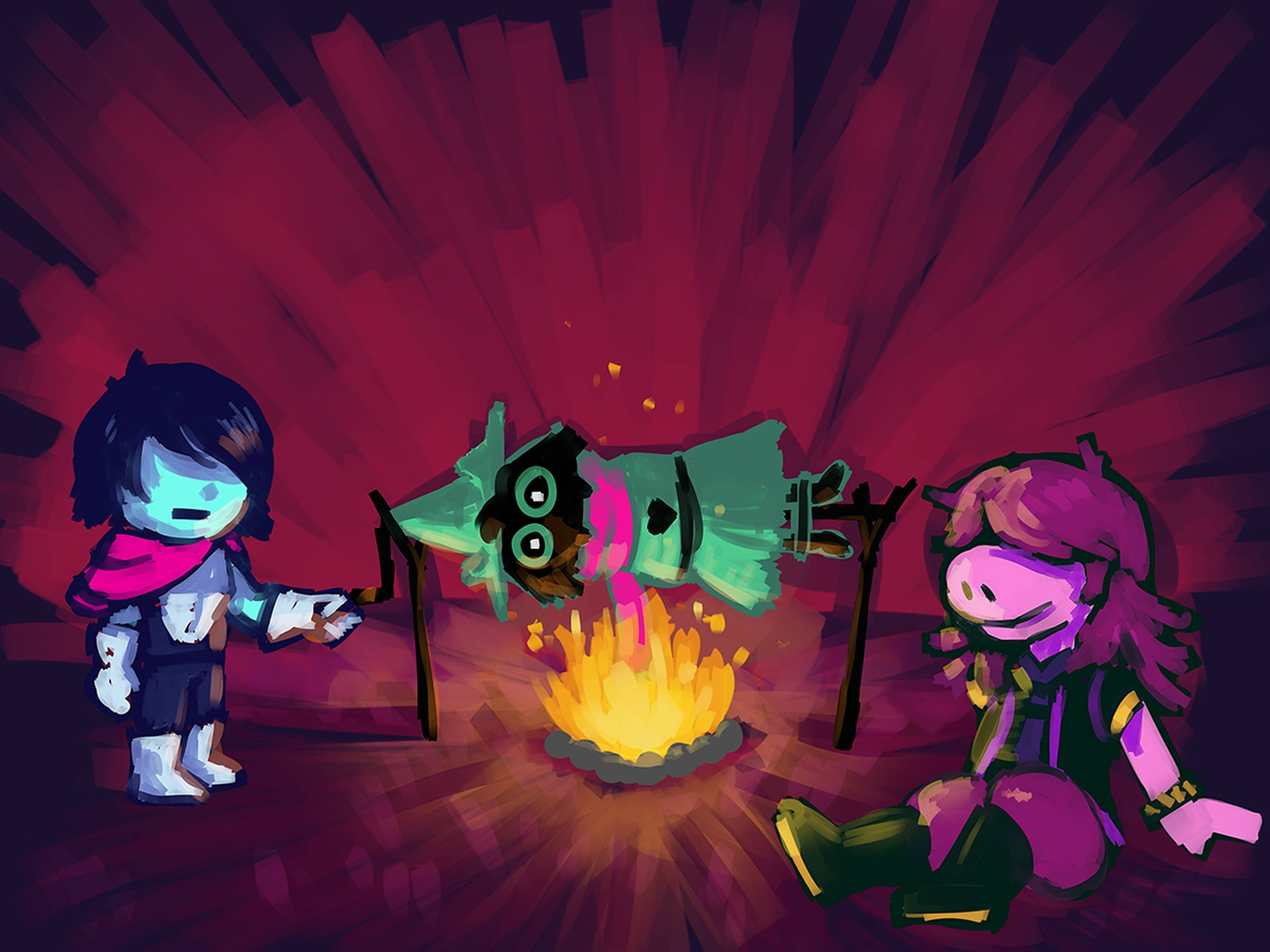 Ralsei 桌布 壁紙 — 兩個風格化的角色在營火上烤一個發光的外星生物，背景是耀眼的紅色。