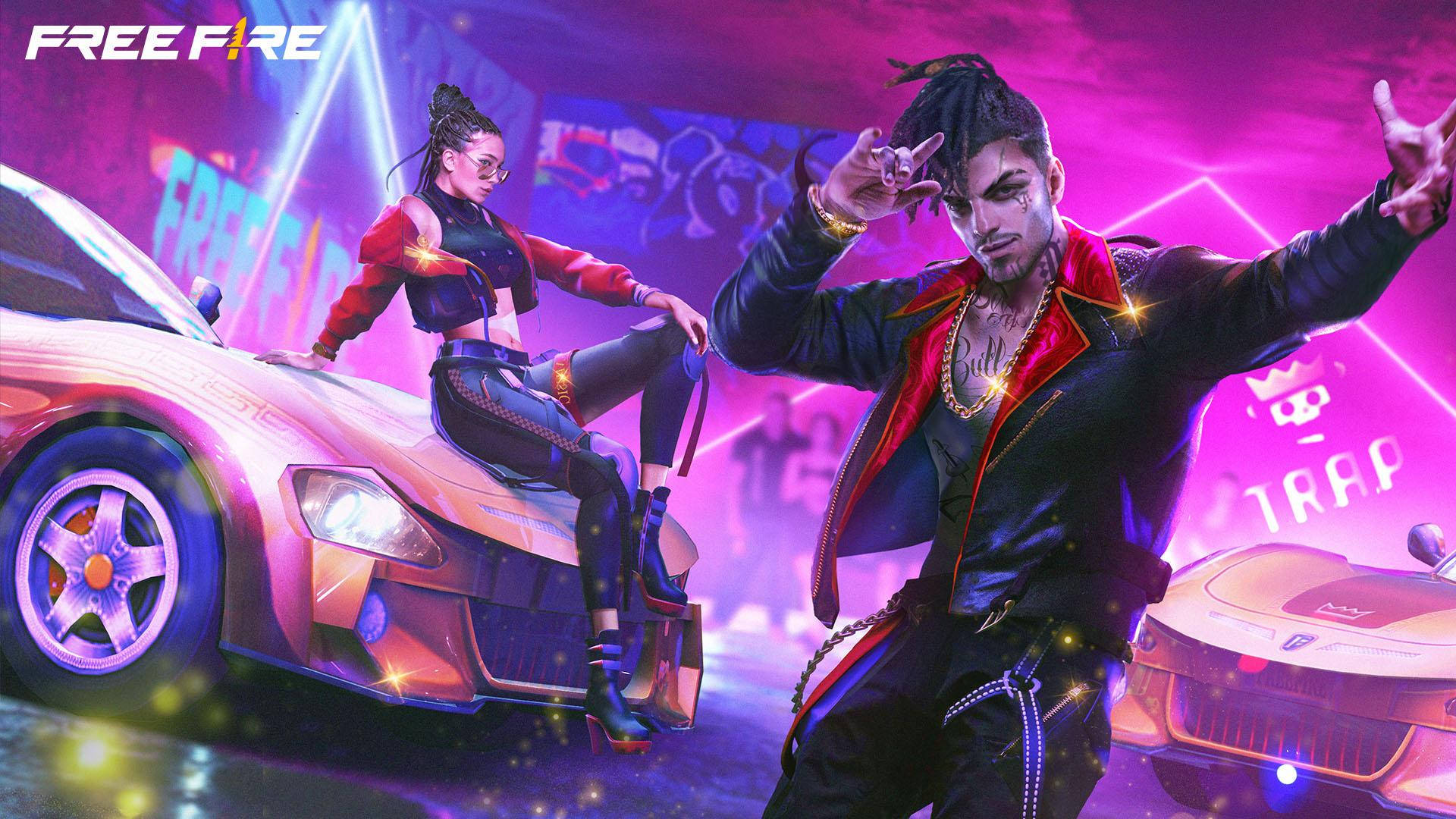 Free Fire 嘻哈套裝 桌布 壁紙 — 兩個風格化的角色在霓虹燈下自信地擺姿勢，旁邊是發光的跑車，背景是充滿活力的城市場景。