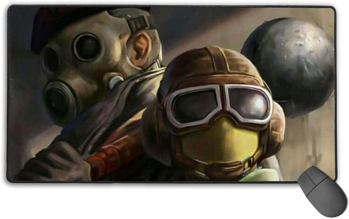 Rainbow Six Siege Jager 桌布 壁紙 — 兩個風格化的角色戴著防毒面具和護目鏡向前凝視，一個巨大的金屬球體在他們身後隱現。