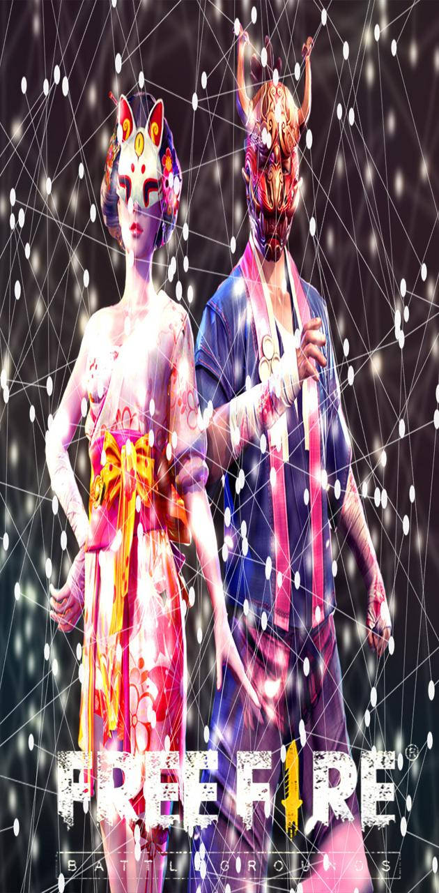 Free Fire Sakura 桌布 壁紙 — 兩個風格化的角色穿著鮮豔的傳統服裝，站在發光的數位網格背景前。