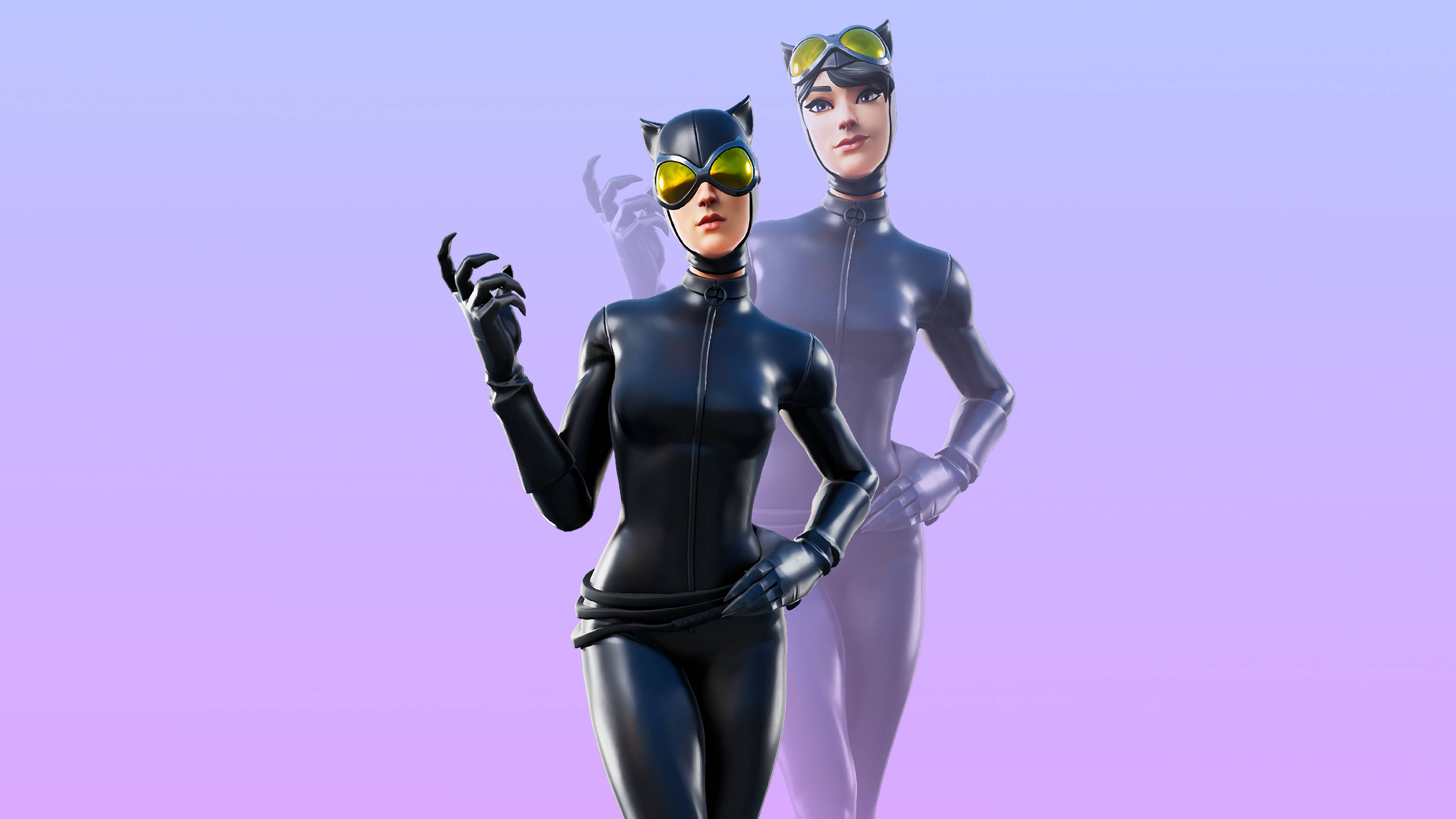 Catwoman 桌布 壁紙 — 兩個風格化的貓女角色穿著時尚的黑色套裝，在柔和的紫色漸變背景前自信地擺姿勢。