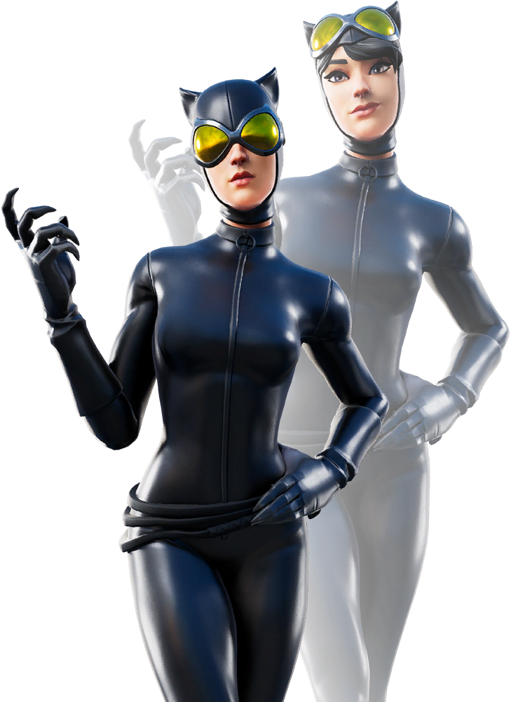 Fortnite 造型 桌布 壁紙 — 兩個風格化的貓女角色穿著時尚的黑色套裝，戴著發光的黃色護目鏡，在黑色背景前自信地擺姿勢。