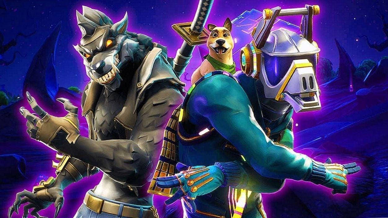 Fortnite 桌布 壁紙 — 兩個風格化的遊戲角色，一隻狼和一隻狗穿著未來主義盔甲，站在發光的紫色宇宙背景前。