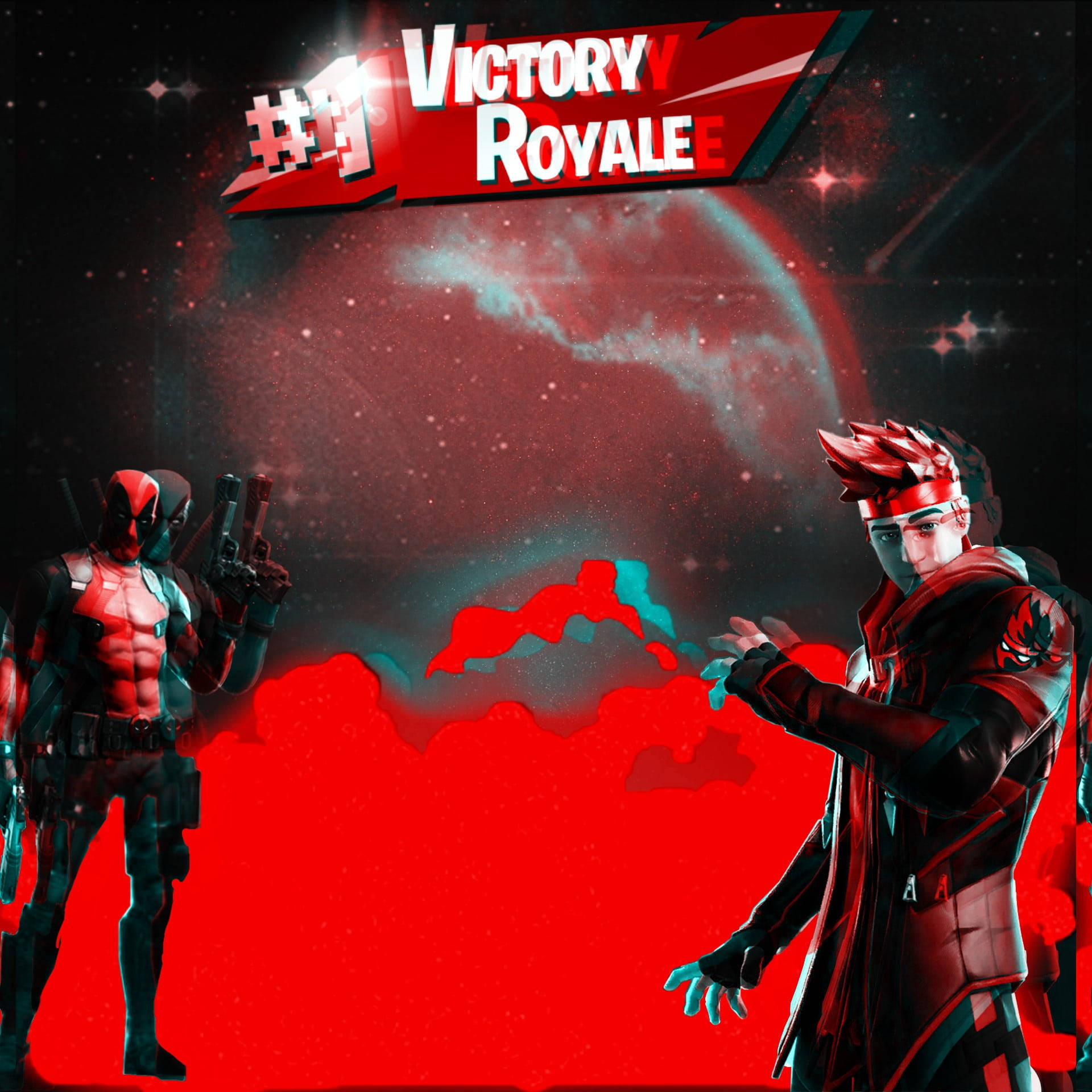 Ninja Fortnite 桌布 壁紙 — 兩個風格化的遊戲角色在宇宙紅黑星空背景下慶祝勝利，並帶有「#1 VICTORY ROYALE」文字。
