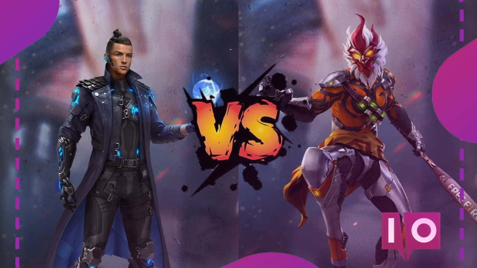 Free Fire Character 桌布 壁紙 — 兩個風格化的遊戲角色在戲劇性的對戰場景中對峙，帶有發光效果和鮮豔的紫色點綴。