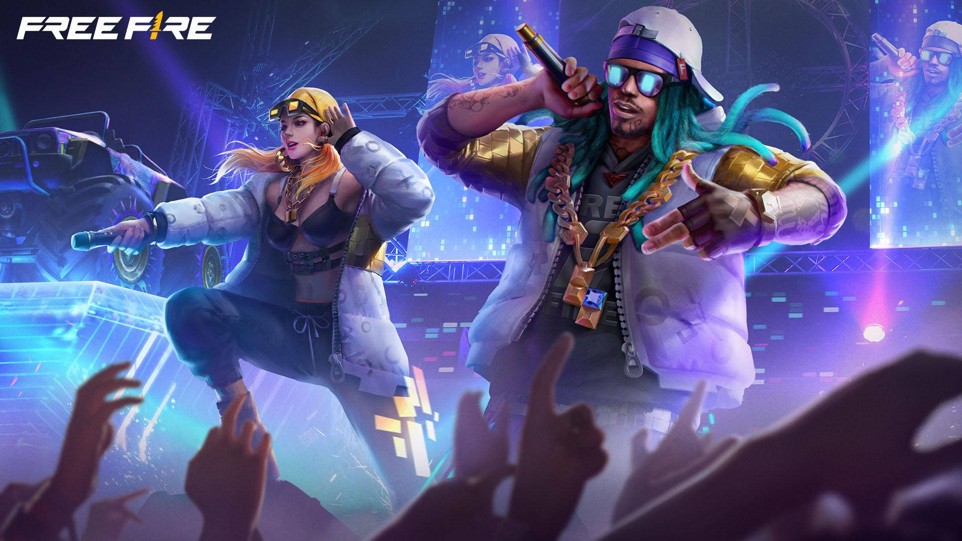 Free Fire 嘻哈套裝 桌布 壁紙 — 兩個風格化的遊戲角色在霓虹燈照亮的舞台上表演，帶有發光效果和歡呼的人群手向上伸。