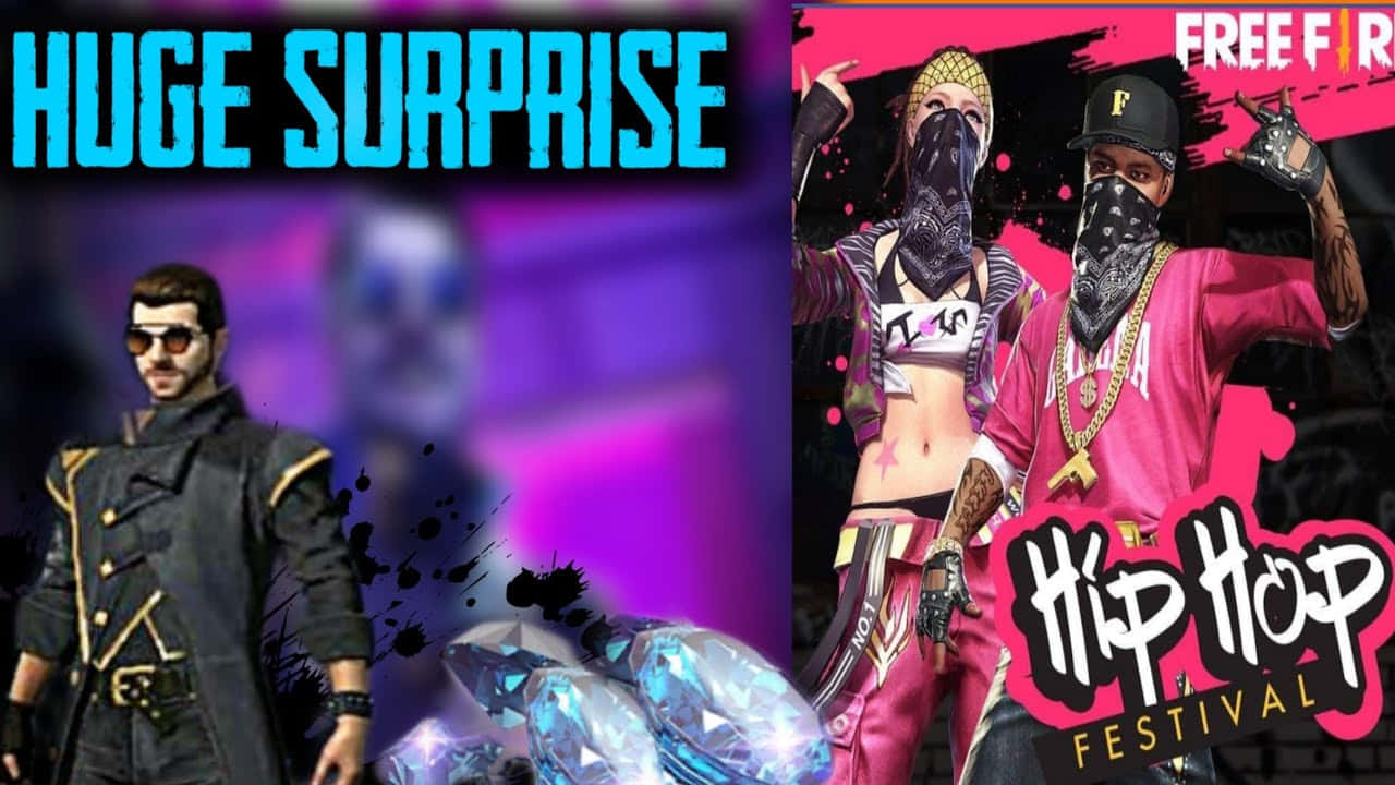 Hip Hop Free Fire 桌布 壁紙 — 兩個風格化的遊戲角色穿著嘻哈節日裝備，在充滿活力的紫色背景前，在發光的寶石旁邊擺姿勢。