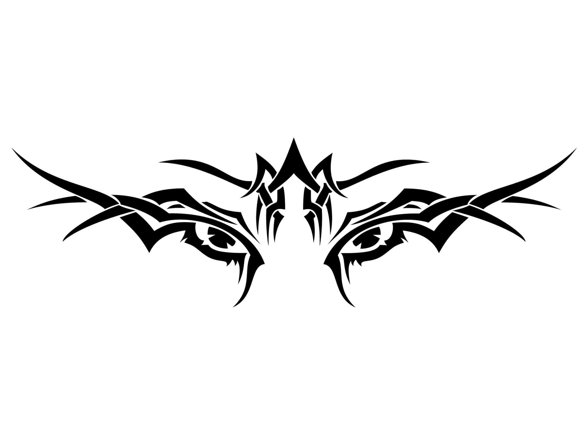 Wolf Tattoo 桌布 壁紙 — 兩個風格化的部落眼睛，帶有尖銳的角狀翅膀和中央尖刺圖案，以粗體黑色呈現在白色背景上。