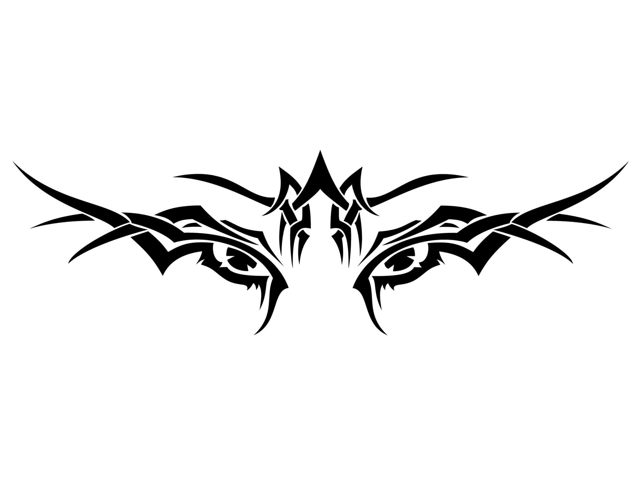 Tribal Wolf 桌布 壁紙 — 兩個風格化的部落眼睛，帶有銳利的角狀翅膀和中央尖刺圖案，黑色背景上白色。