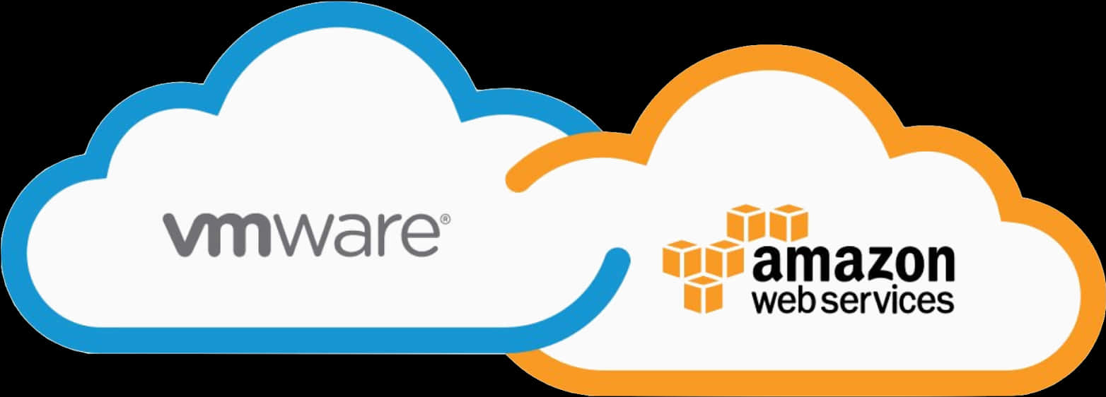 亞馬遜 桌布 壁紙 — 兩個風格化的雲，一個藍色帶有VMware標誌，另一個橙色帶有Amazon Web Services標誌，由一條曲線連接。