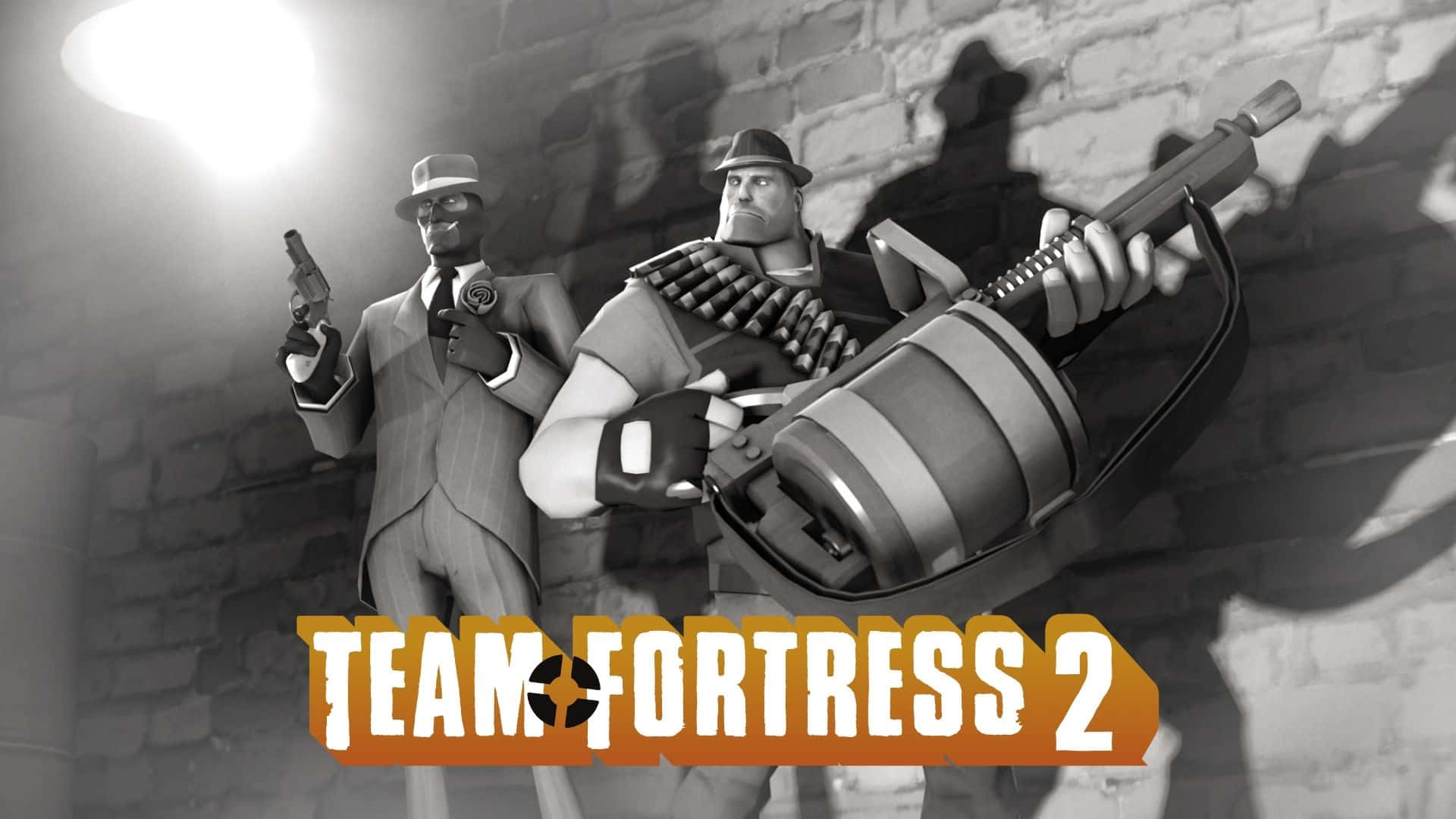 1920x1080 Tf2 桌布 壁紙 — 兩個風格化的電子遊戲角色在聚光燈下靠著磚牆站立，一個拿著手槍，另一個拿著帶彈藥帶的大型武器。
