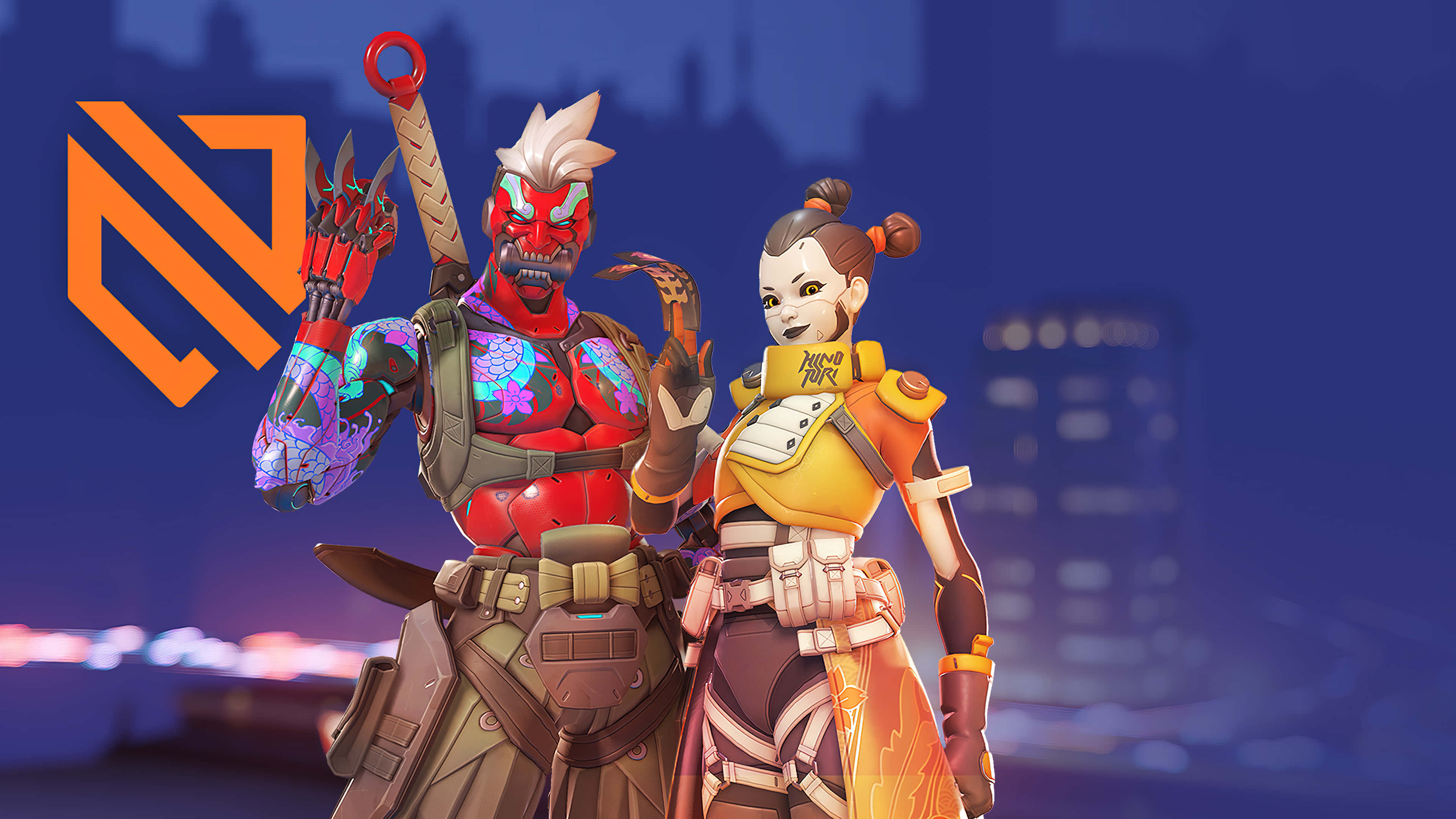 Overwatch Heroes 桌布 壁紙 — 兩個風格化的電子遊戲角色在黃昏時自信地站在發光的城市天際線前。