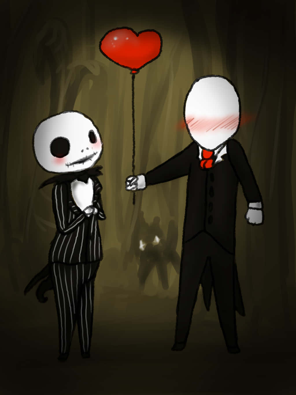 Dark Love 桌布 壁紙 — 兩個風格化的骷髏人物穿著正式服裝站在昏暗的森林中，一個拿著紅色心形氣球，另一個臉紅。