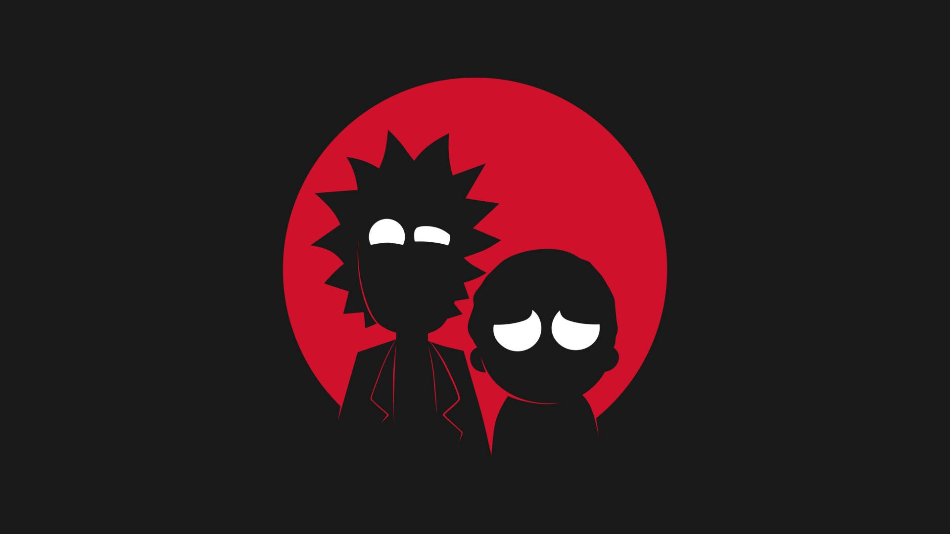 dope rick and morty 桌布 壁紙 — 兩個風格化的黑色剪影角色，帶有白色眼睛，站在一個大膽的紅色圓形背景前，背景是黑暗的場地。