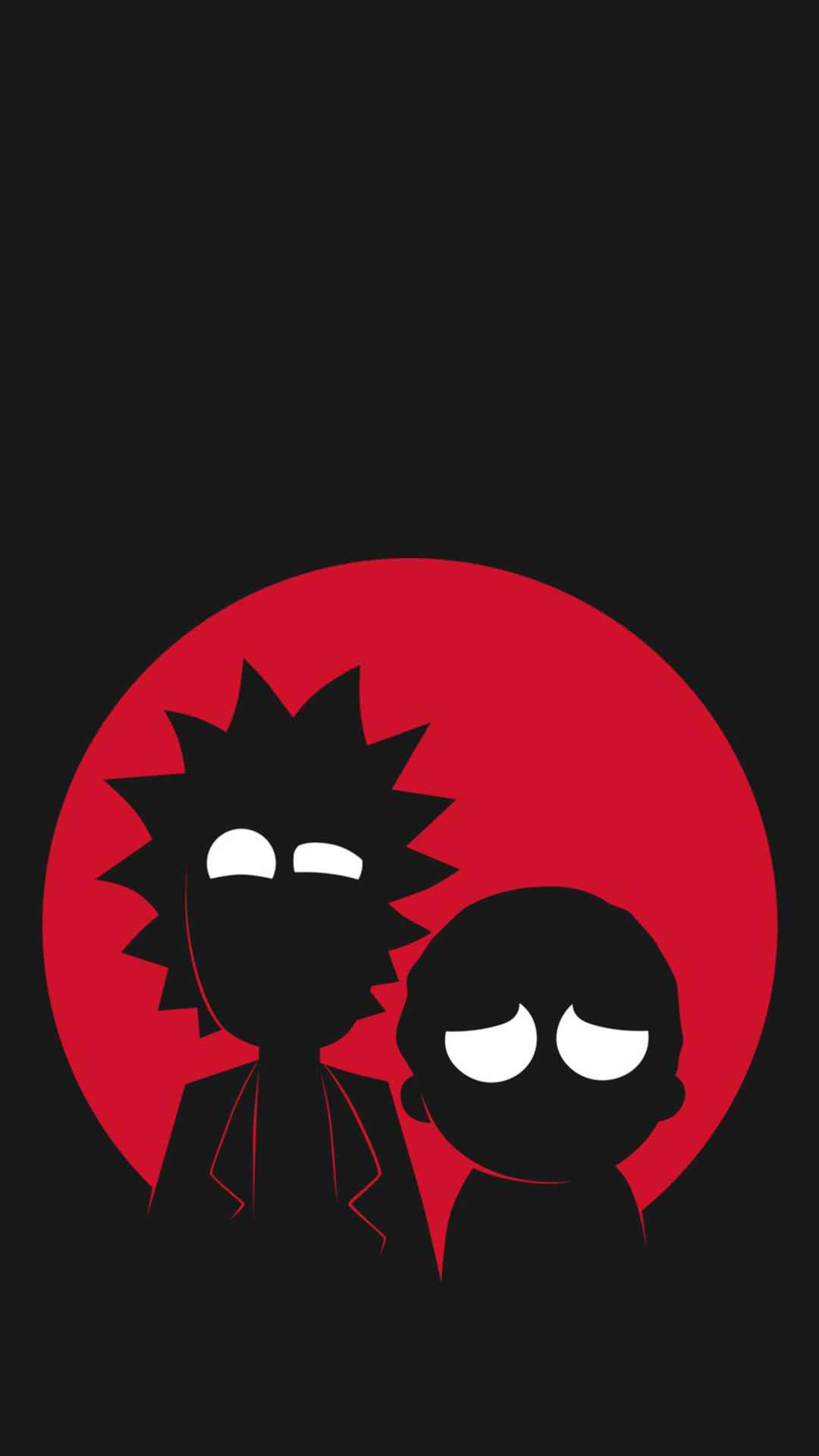 rick 桌布 壁紙 — 兩個風格化的黑色剪影角色，白色眼睛，站在深色背景上大膽的紅色圓形背景前。