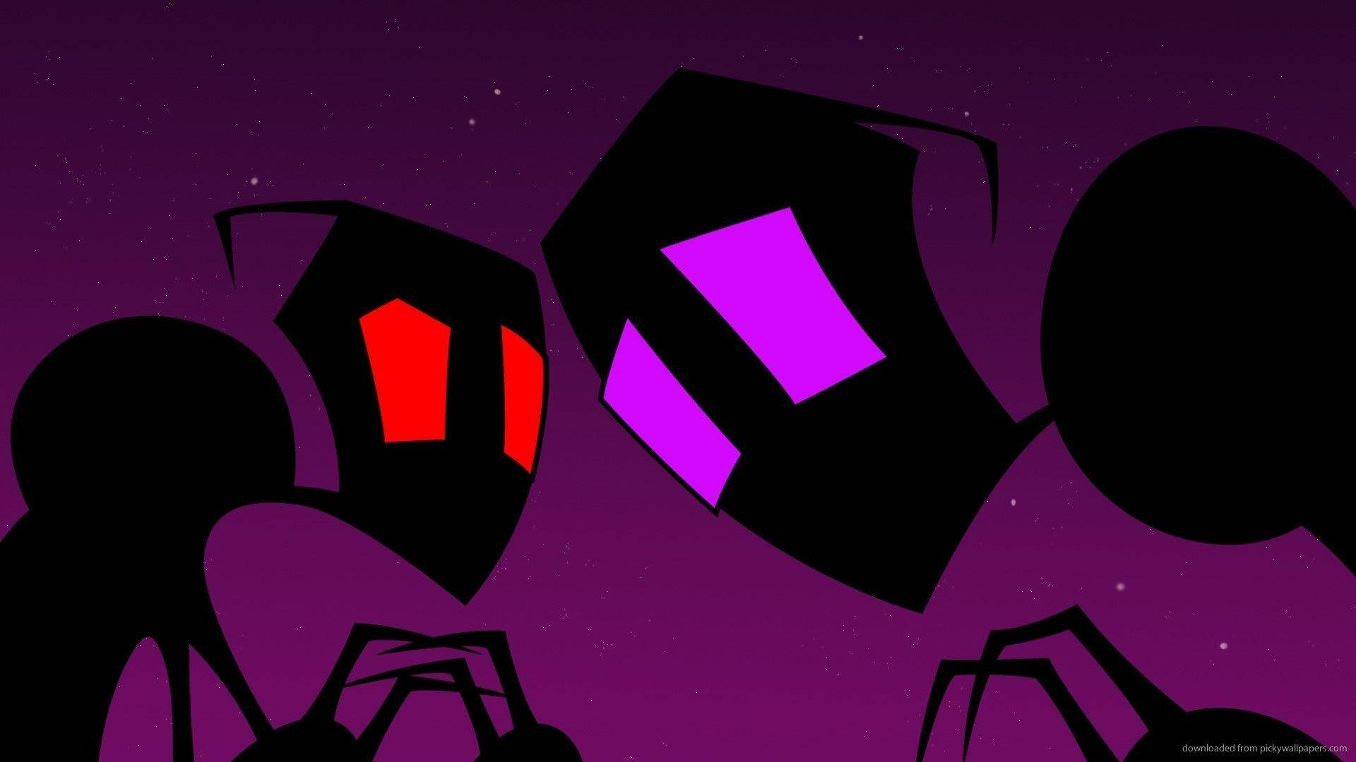 Invader Zim 桌布 壁紙 — 兩個風格化的黑色昆蟲狀人物，帶有發光的紅色和紫色眼睛，在繁星點點的紫色夜空下對峙。