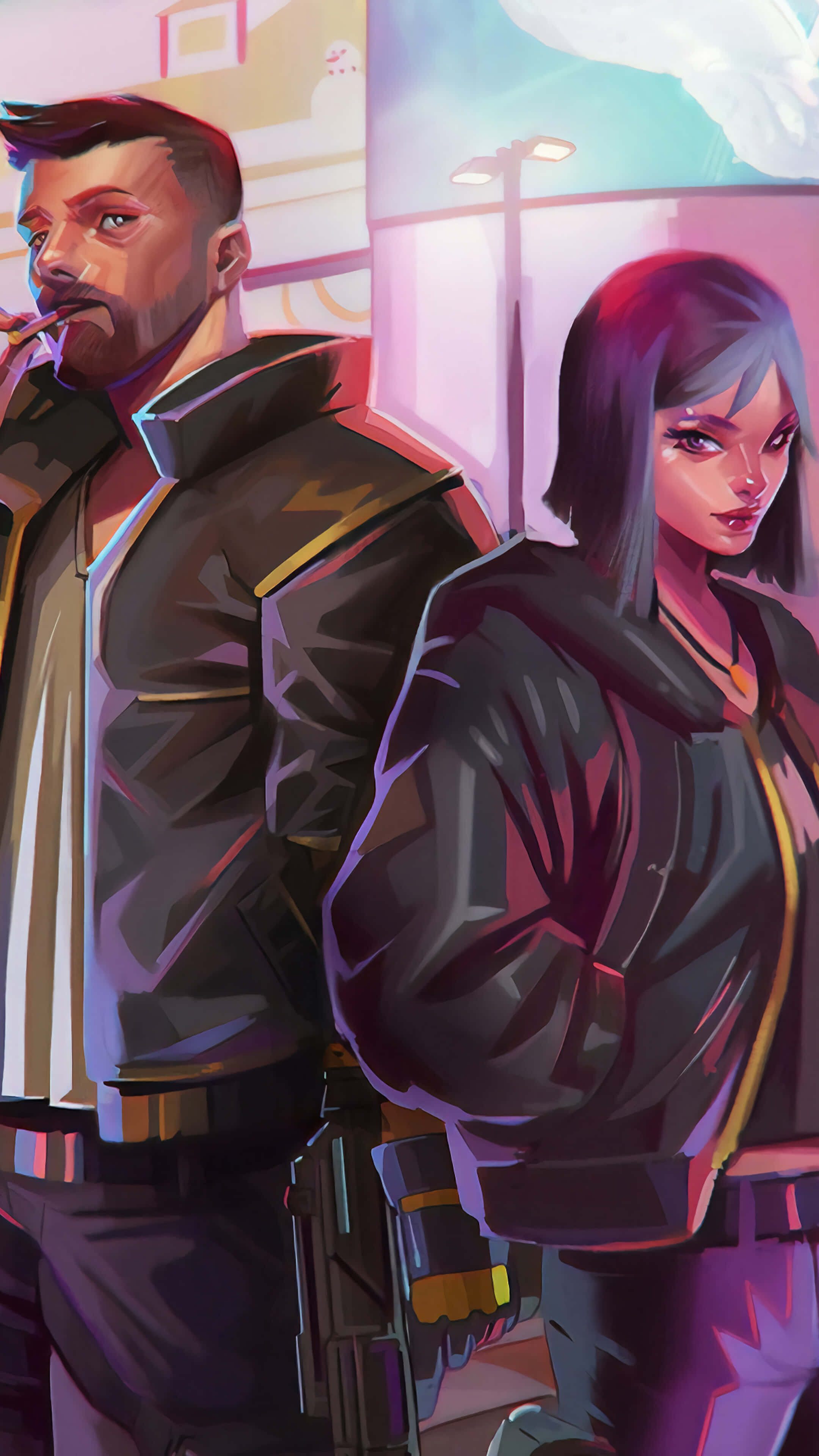 Cyberpunk 2077 Characters 桌布 壁紙 — 兩個風格化角色在充滿活力的城市夜景中背光霓虹燈站立。