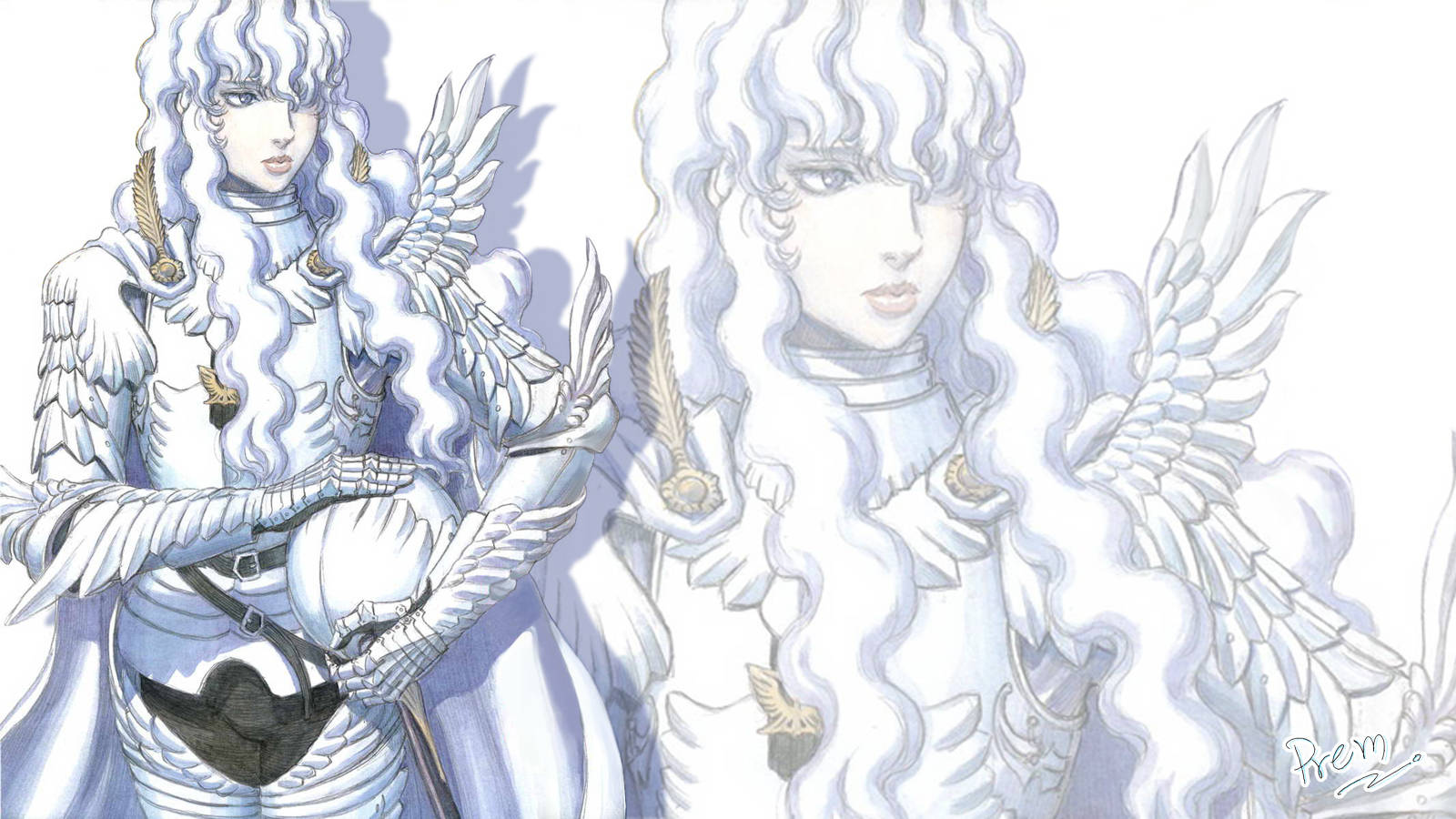 berserk 4K 桌布 壁紙 — 兩個飄逸白髮、長有羽毛翅膀的空靈天使形象，立於寧靜的黑白插畫中。