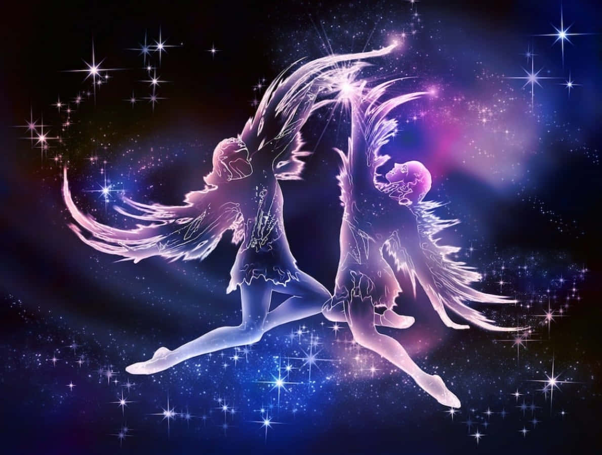 gemini 桌布 壁紙 — 兩個飄逸翅膀的虛幻天使身影，在充滿活力的星空宇宙背景下優雅起舞。