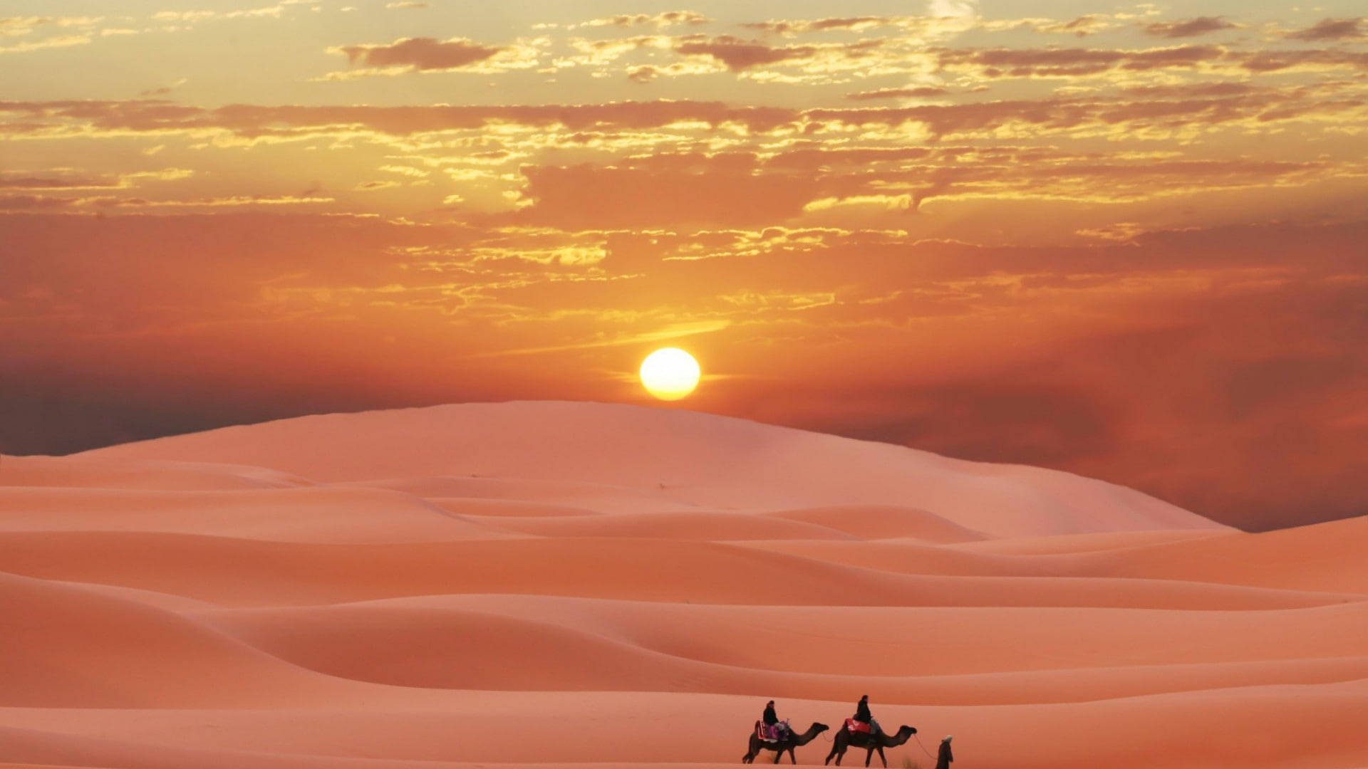 Morocco 桌布 壁紙 — 兩個騎著駱駝的剪影在熾熱的日落天空下穿越廣闊的橙色沙丘。