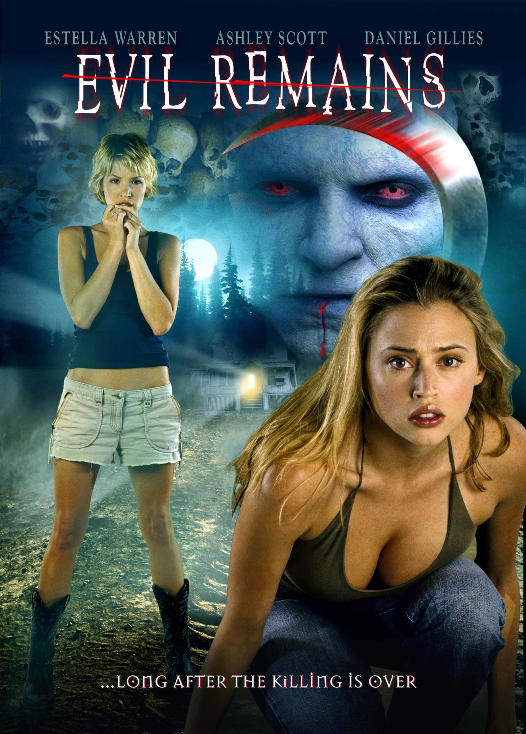 Estella Warren 桌布 壁紙 — 兩個驚恐的女人面對一個在月光下的森林背景下，有著紅色眼睛的幽靈般身影。