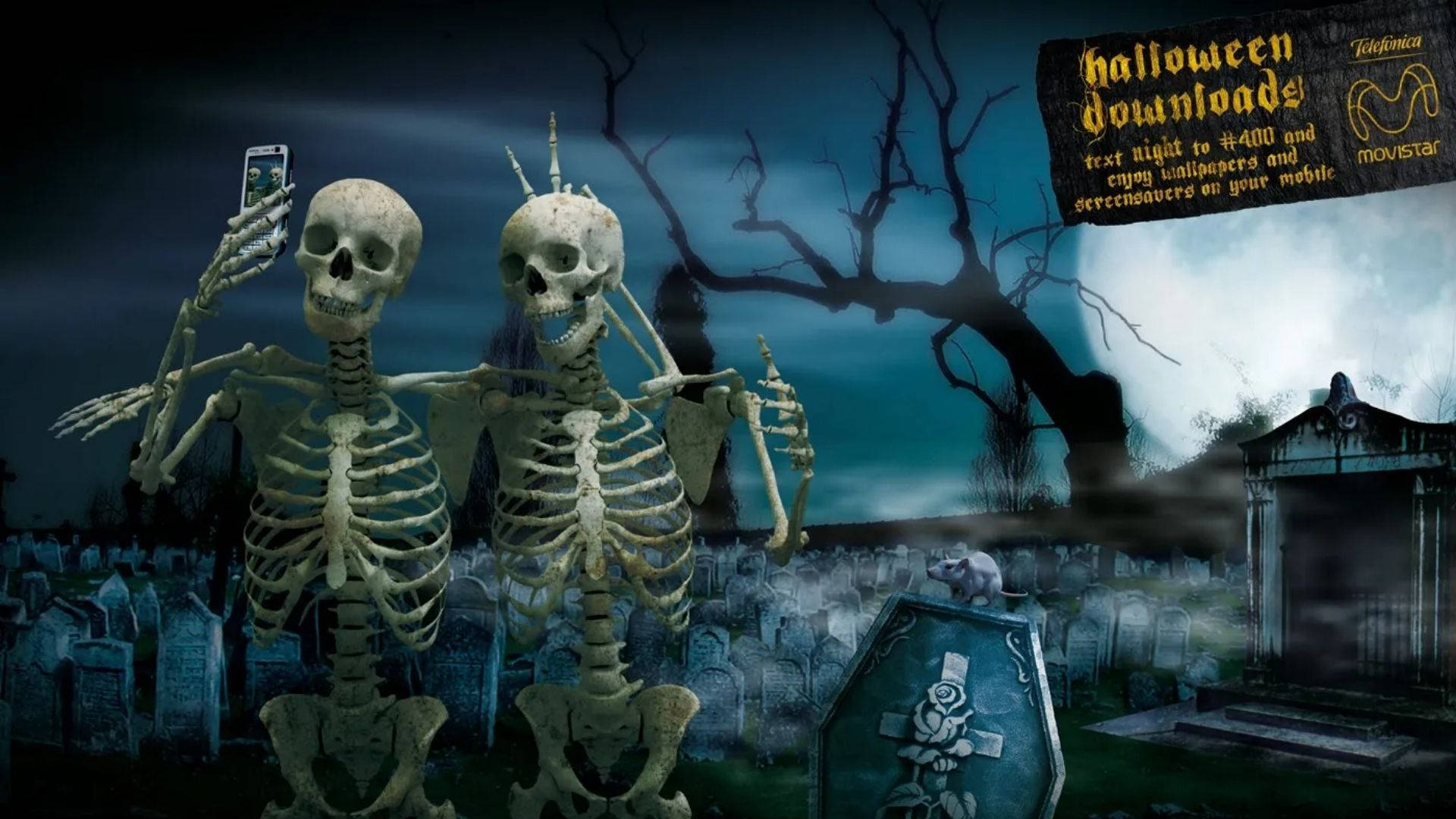 Skeleton Meme 桌布 壁紙 — 兩個骷髏在夜間霧氣瀰漫的墓地中擺姿勢，其中一個在扭曲的樹下拿著電話，周圍有墓碑和陵墓。