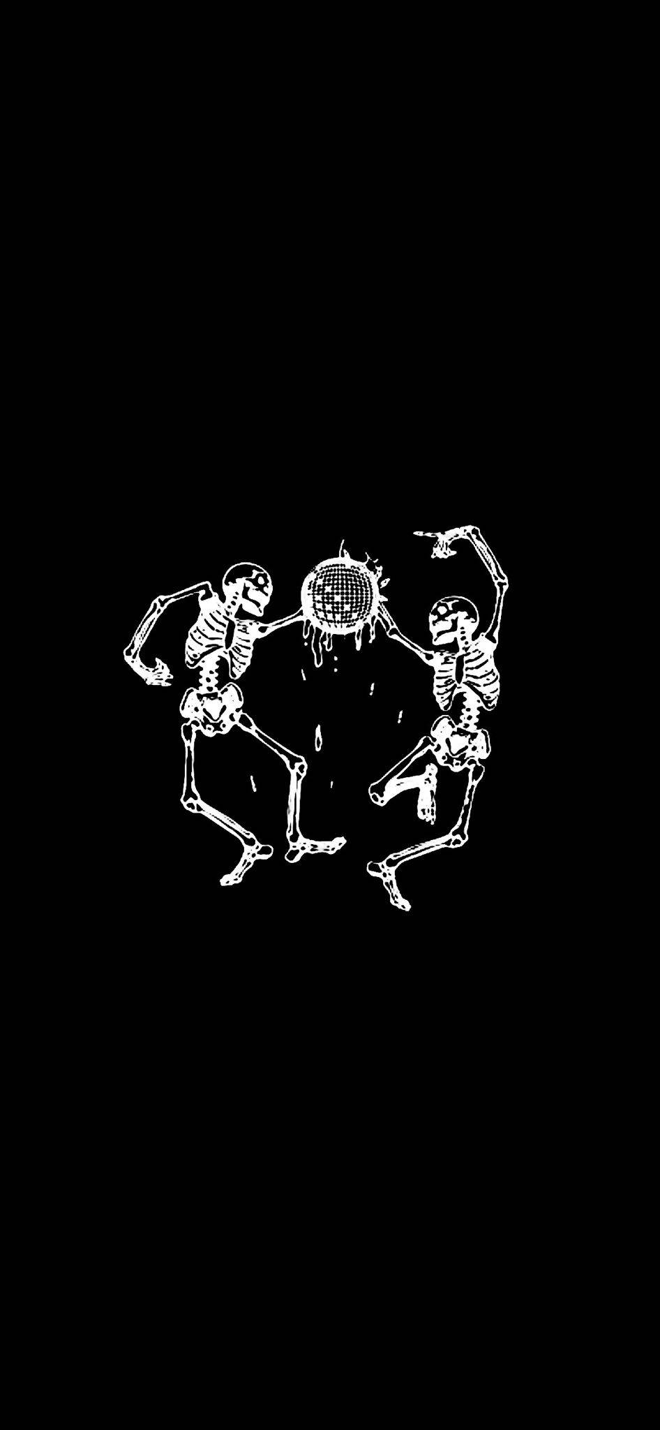 joji 桌布 壁紙 — 兩個骷髏在旋轉的迪斯科球下以鮮明的黑白色彩充滿活力地跳舞。