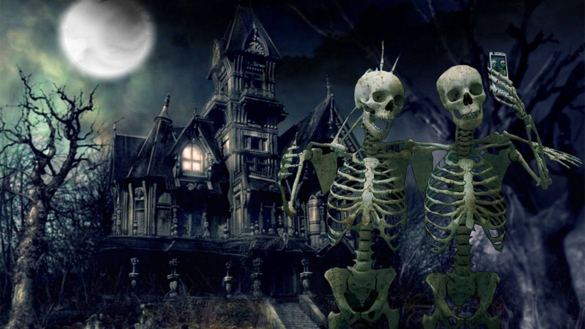 Skeleton Meme 桌布 壁紙 — 兩個骷髏在滿月下的維多利亞式鬼屋前自拍。