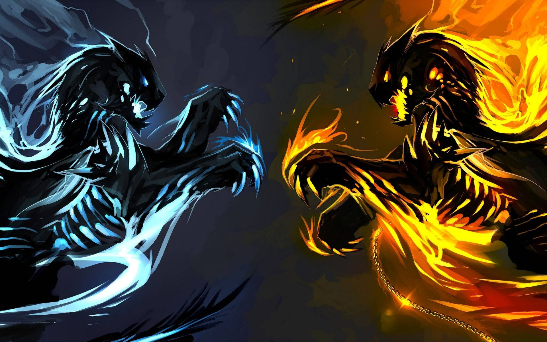 Fire And Ice 桌布 壁紙 — 兩個骷髏惡魔形象碰撞——一個冰藍色，一個火橙色——陷入一場戲劇性的超自然戰鬥。