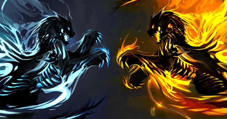桌布 壁紙 — 兩個骷髏惡魔般的身影碰撞——一個冰藍色，一個火橙色——在一個戲劇性的數位戰鬥場景中對峙。