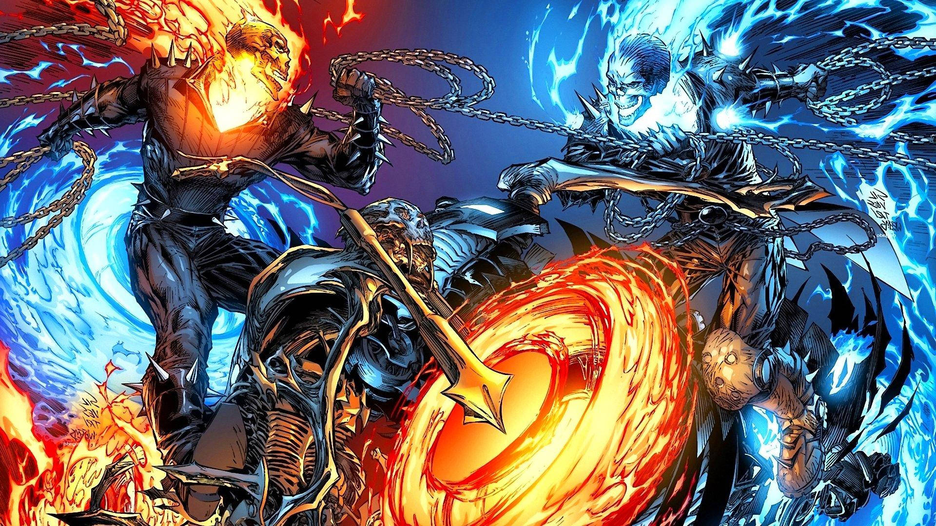 Ghost Rider 和他藍皮膚的對手用鎖鏈和火焰能量戰鬥。 — 鬼 Rider 壁紙