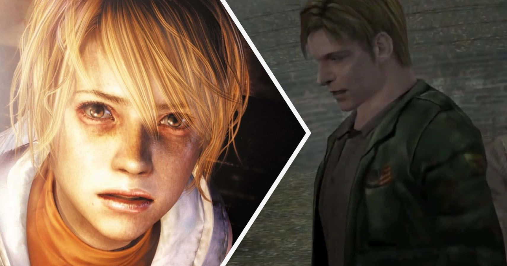 Silent Hill Characters 桌布 壁紙 — 兩個髒兮兮、表情強烈的受困電玩角色的分割畫面特寫。